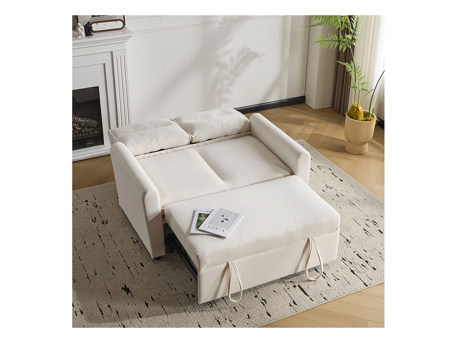 Canapé droit en velours beige - Canapé relaxation avec fonction gigogne et dossier réglable - dossier et accoudoirs