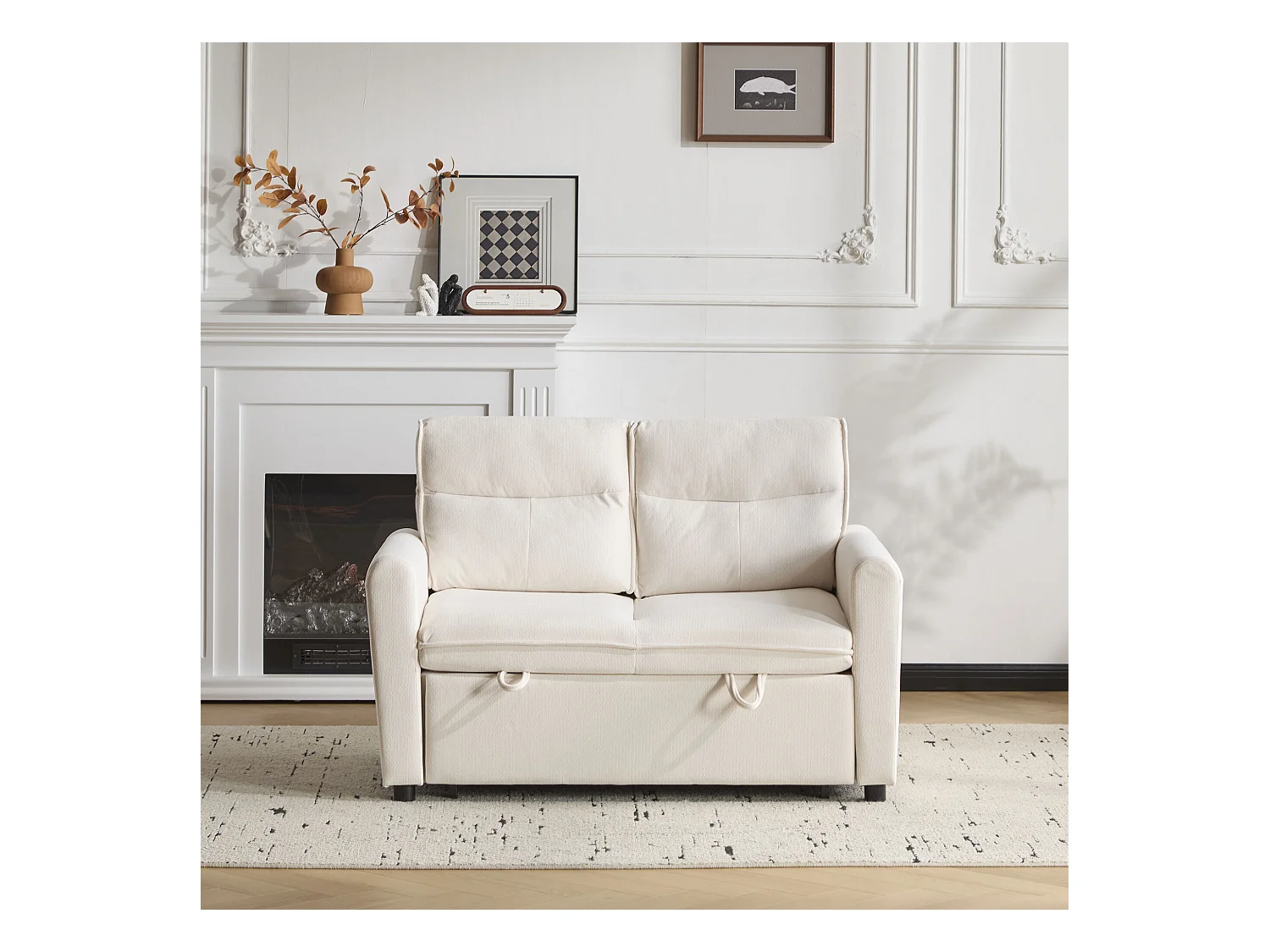 Canapé droit en velours beige - Canapé relaxation avec fonction gigogne et dossier réglable - dossier et accoudoirs