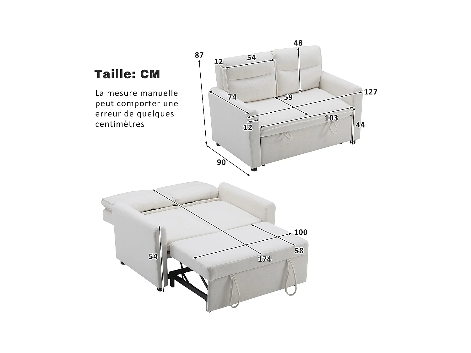 Canapé droit en velours beige - Canapé relaxation avec fonction gigogne et dossier réglable - dossier et accoudoirs
