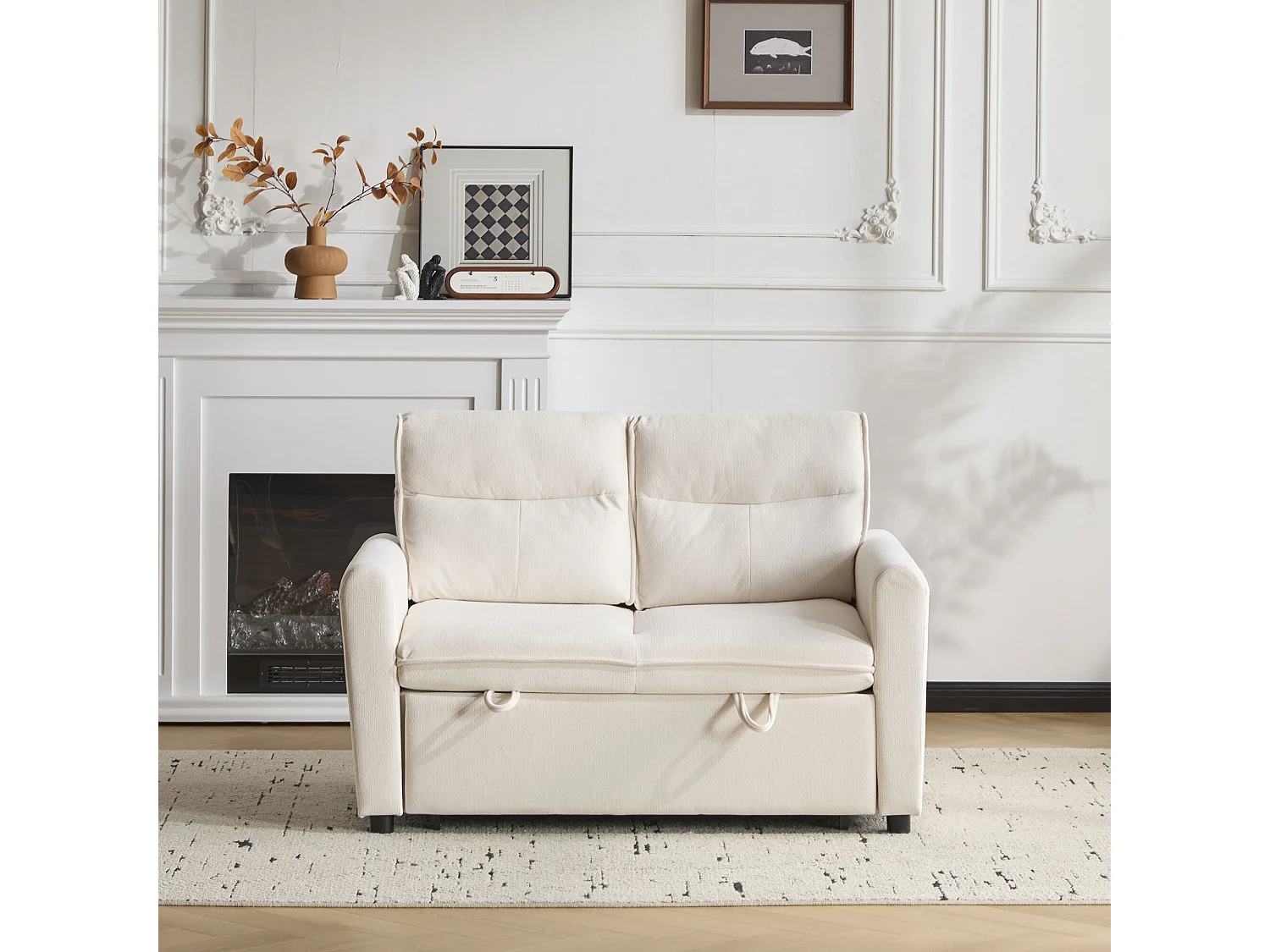 Canapé droit en velours beige - Canapé relaxation avec fonction gigogne et dossier réglable - dossier et accoudoirs