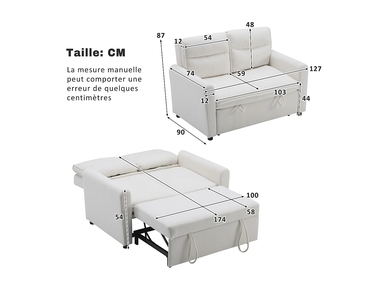 Canapé droit en velours beige - Canapé relaxation avec fonction gigogne et dossier réglable - dossier et accoudoirs