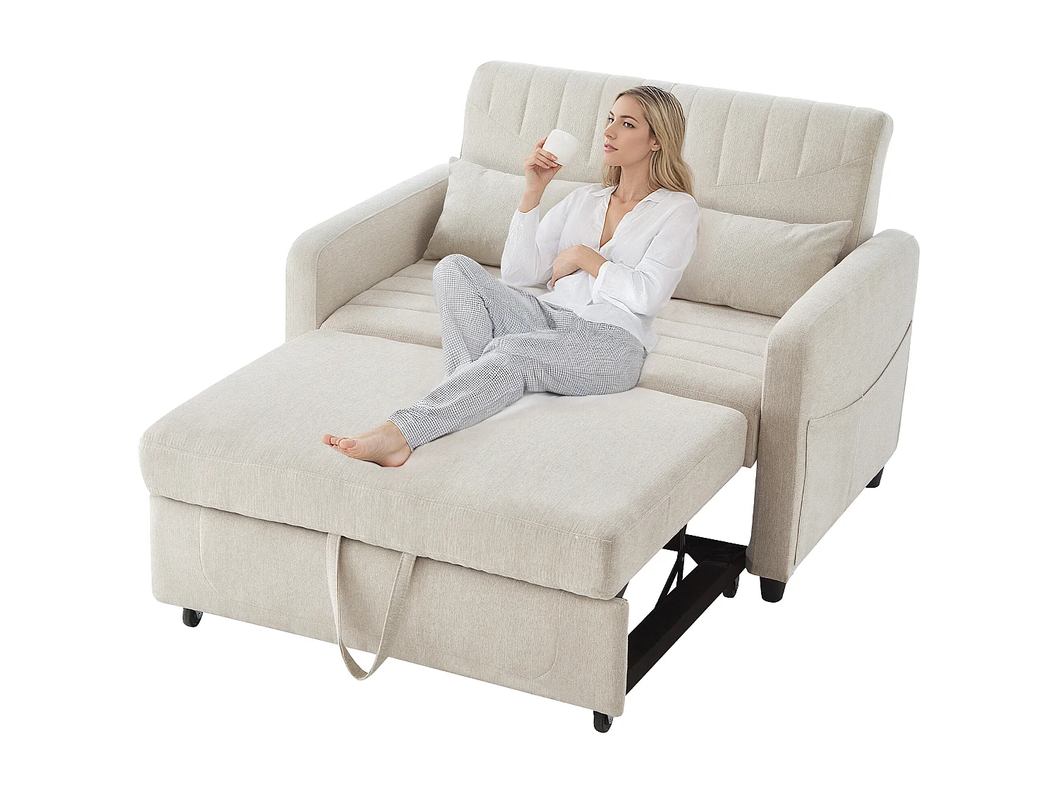 Sofá 2 plazas beige - Sofá lounge con función extraíble y dos cojines - respaldo regulable - tejido de algodón y lino