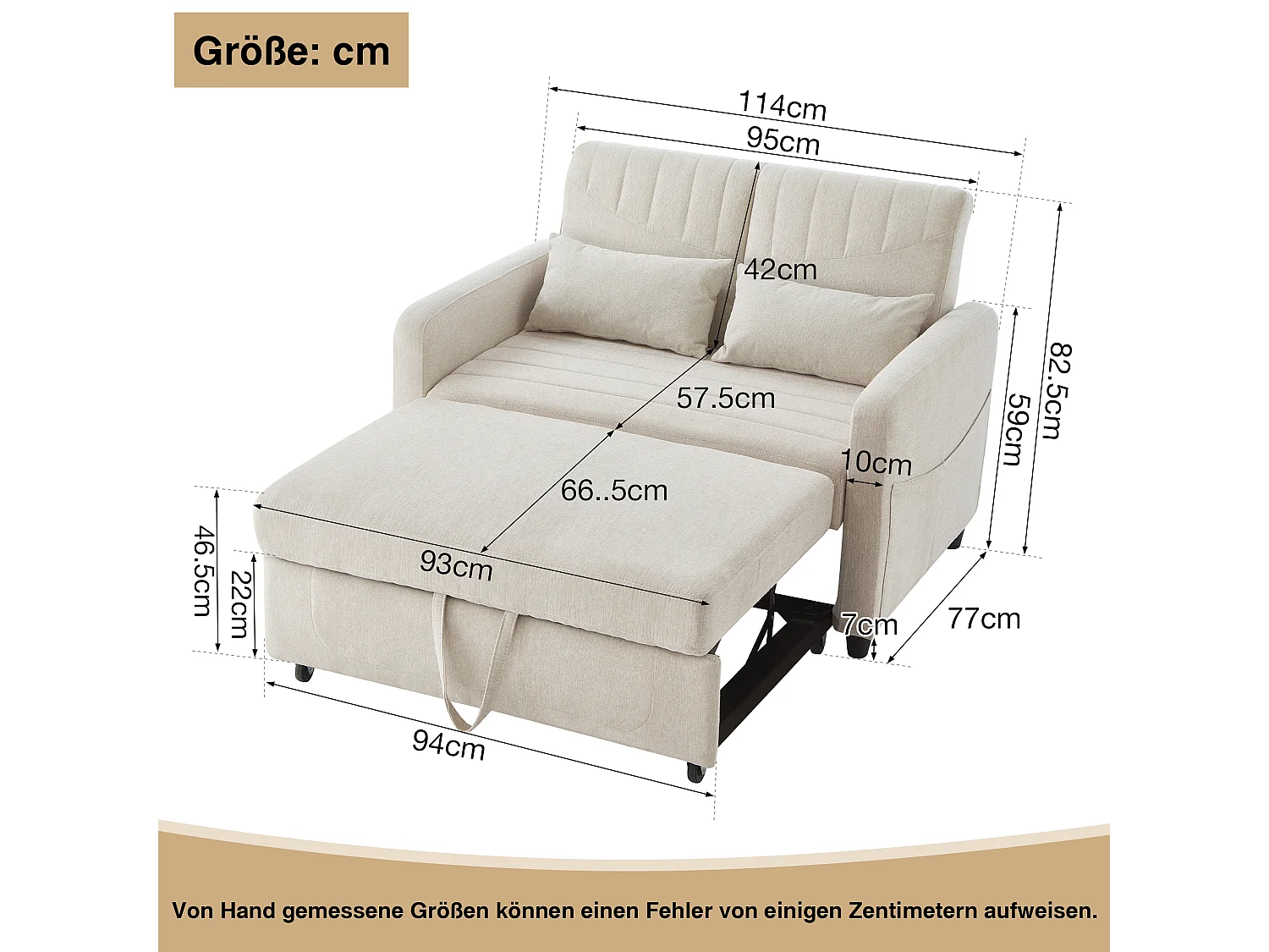 Canapé 2 places beige - Canapé lounge avec fonction gigogne et deux coussins - dossier réglable - tissu en coton et lin