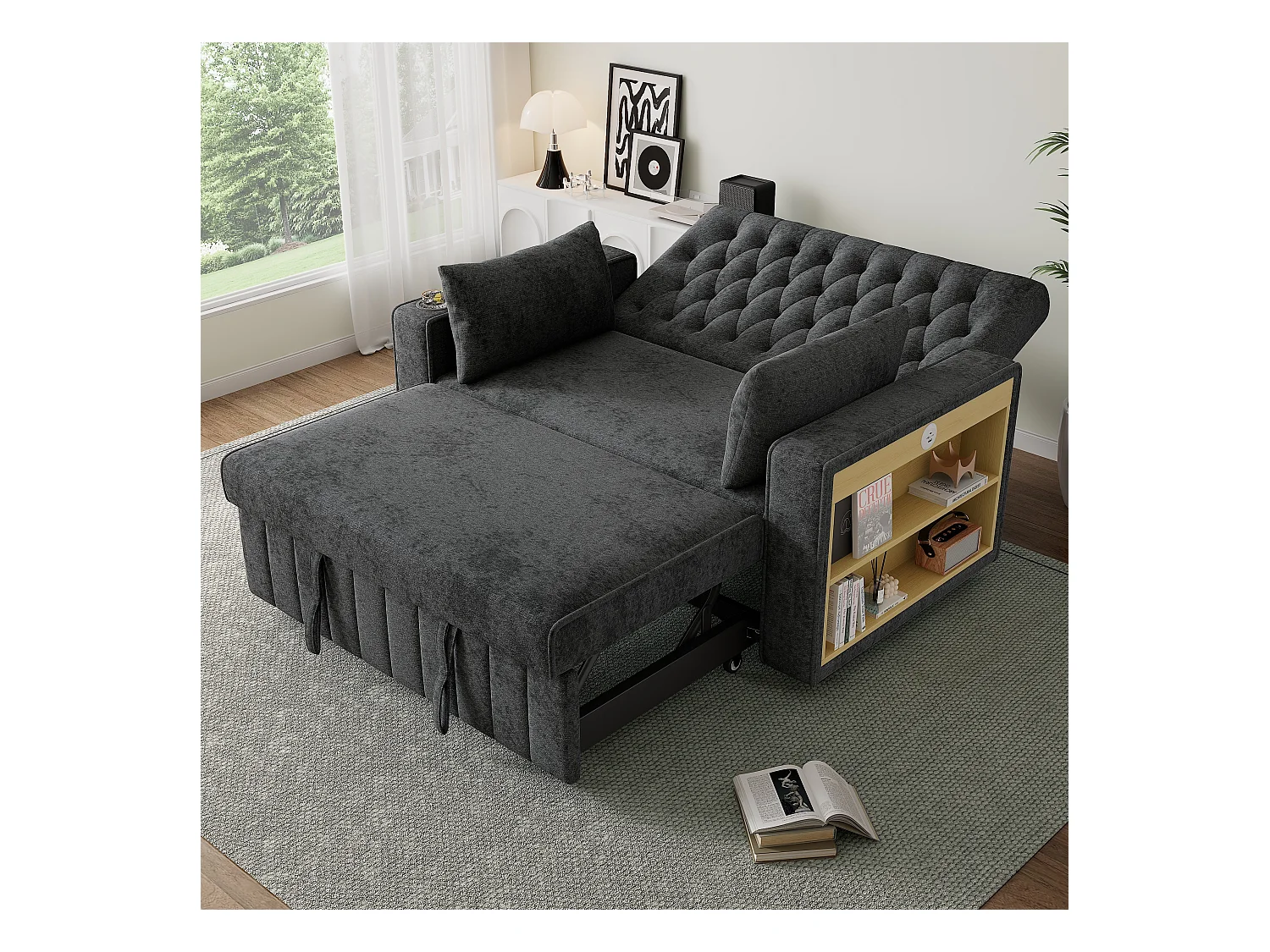 Canapé avec fonction gigogne - Canapé de salon avec porte-gobelet et port de charge USB - etagère de rangement - chenille gris