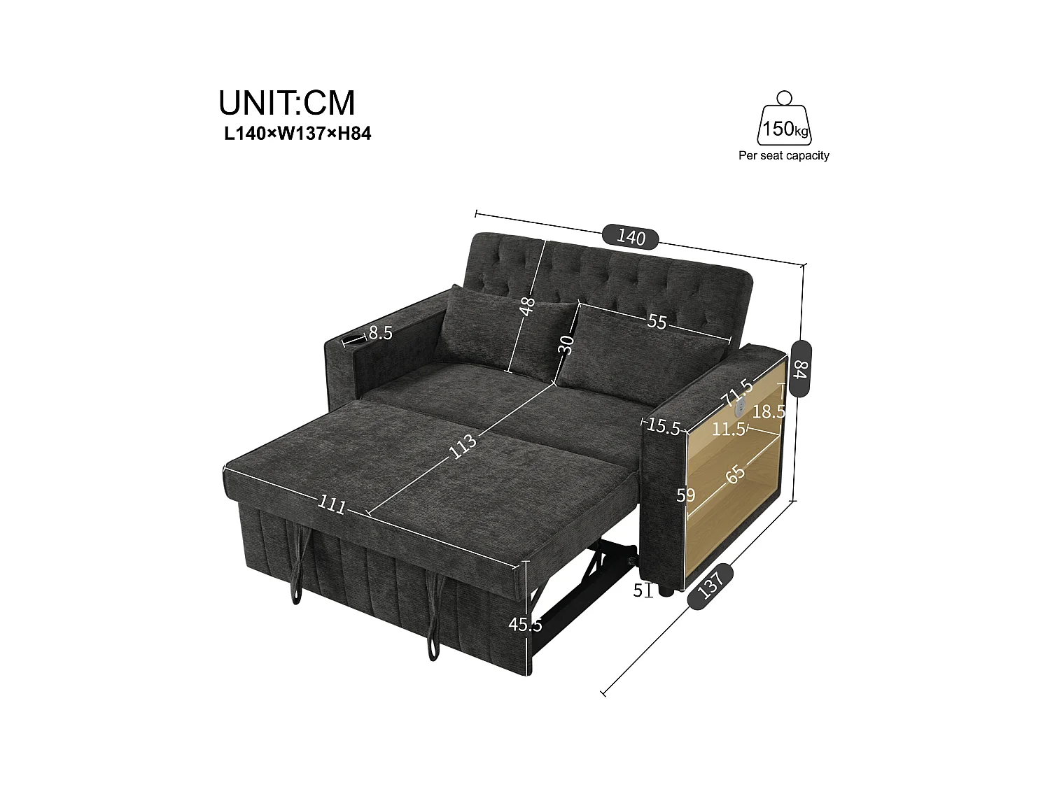 Canapé avec fonction gigogne - Canapé de salon avec porte-gobelet et port de charge USB - etagère de rangement - chenille gris