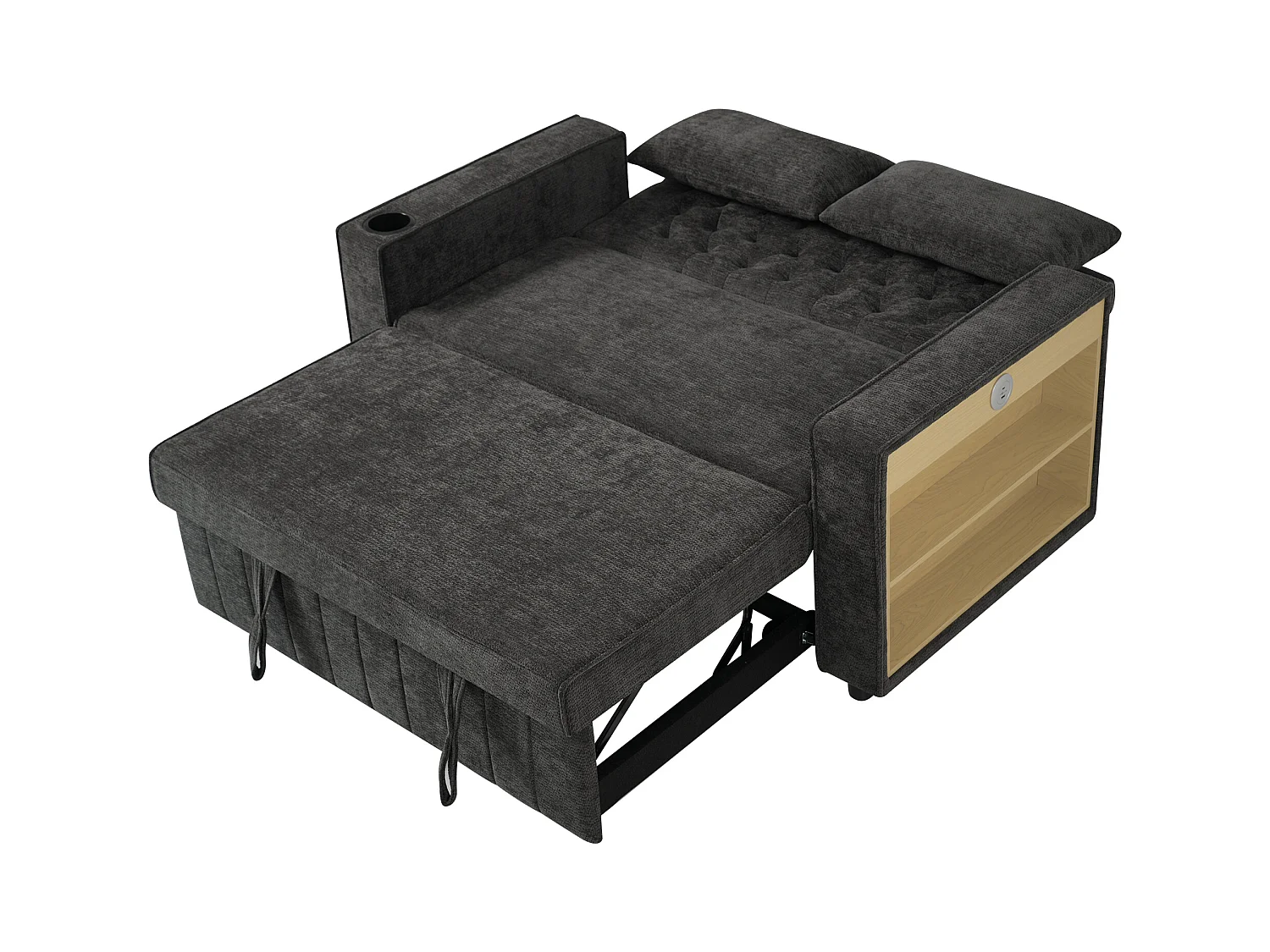 Canapé avec fonction gigogne - Canapé de salon avec porte-gobelet et port de charge USB - etagère de rangement - chenille gris