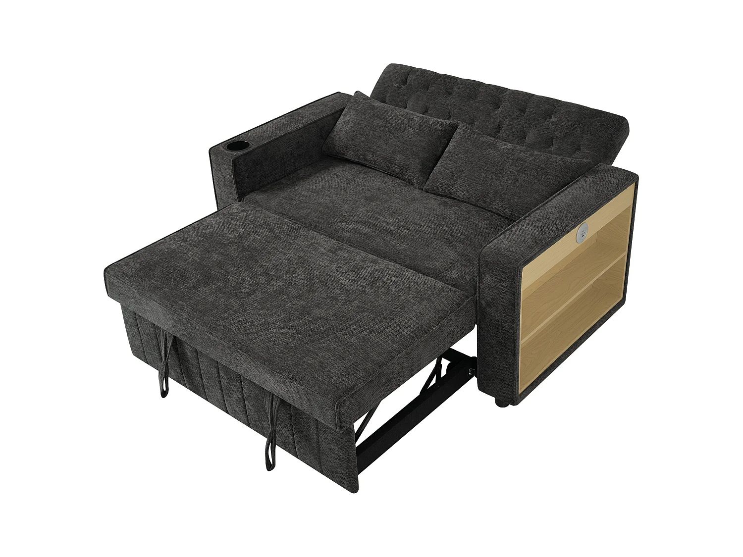 Canapé avec fonction gigogne - Canapé de salon avec porte-gobelet et port de charge USB - etagère de rangement - chenille gris