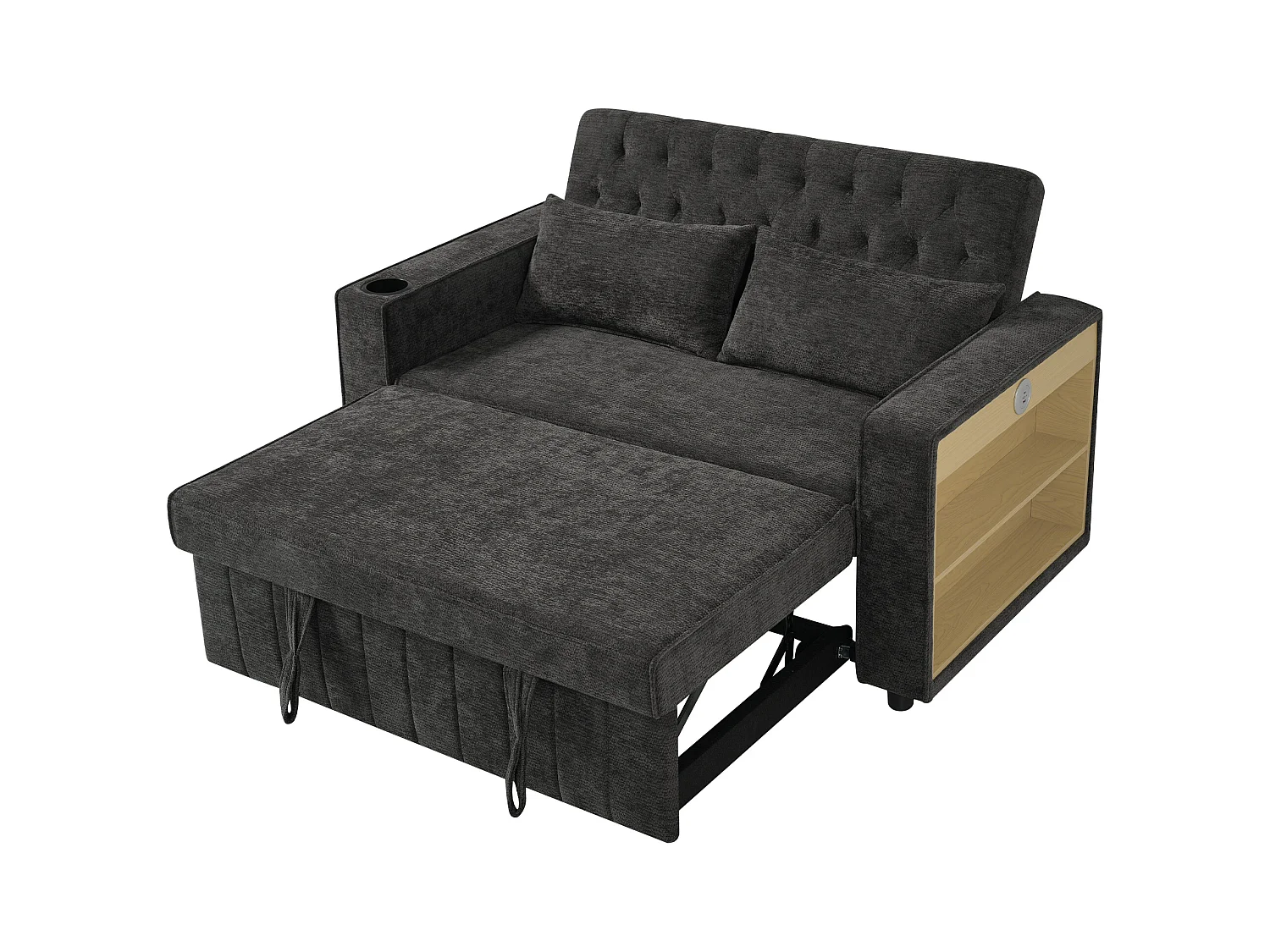 Canapé avec fonction gigogne - Canapé de salon avec porte-gobelet et port de charge USB - etagère de rangement - chenille gris