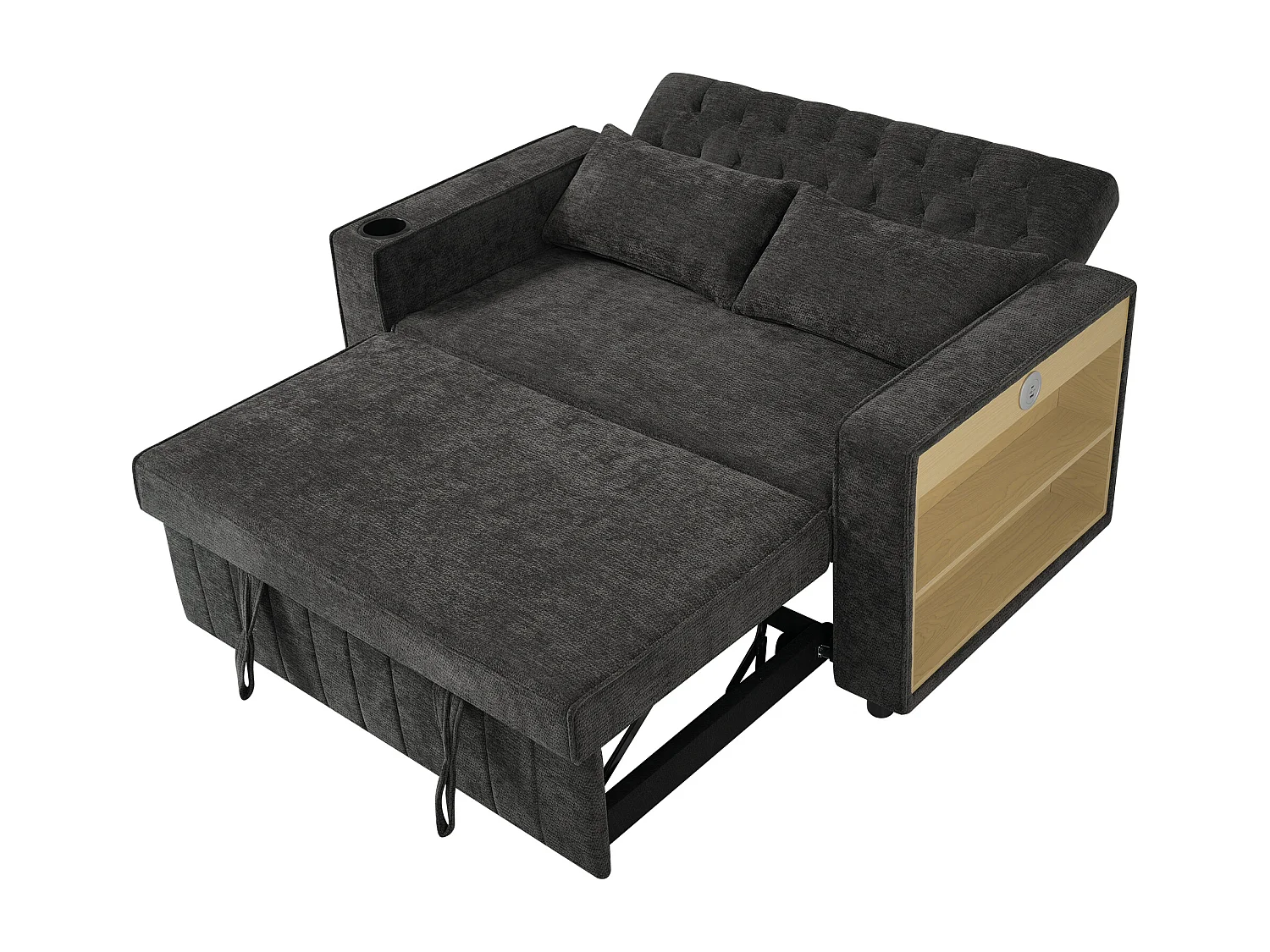 Canapé avec fonction gigogne - Canapé de salon avec porte-gobelet et port de charge USB - etagère de rangement - chenille gris