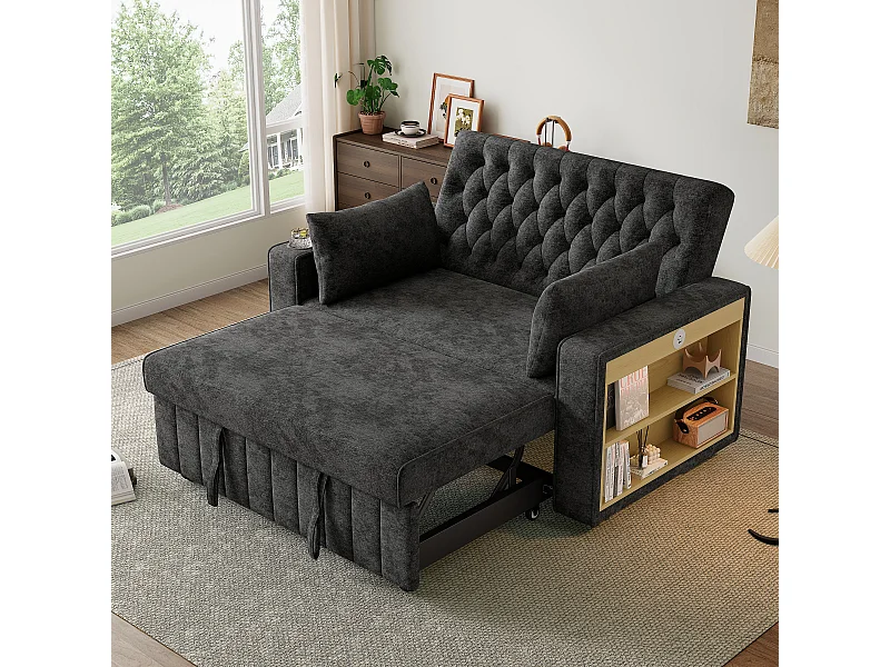 Sofa mit Ausziehfunktion - Wohnzimmersofa mit Getränkehalter und USB-Ladeanschluss - Ablagefach - Graues Chenille