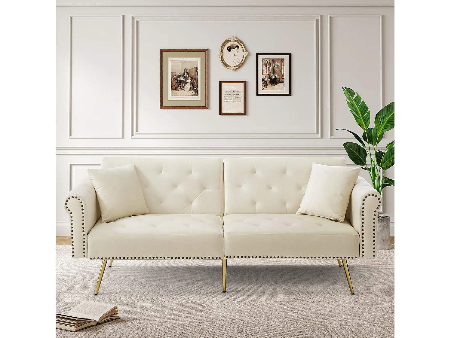 Canapé relaxation beige - Canapé avec dossier réglable et accoudoirs - 6 pieds en métal - pour salon et chambre