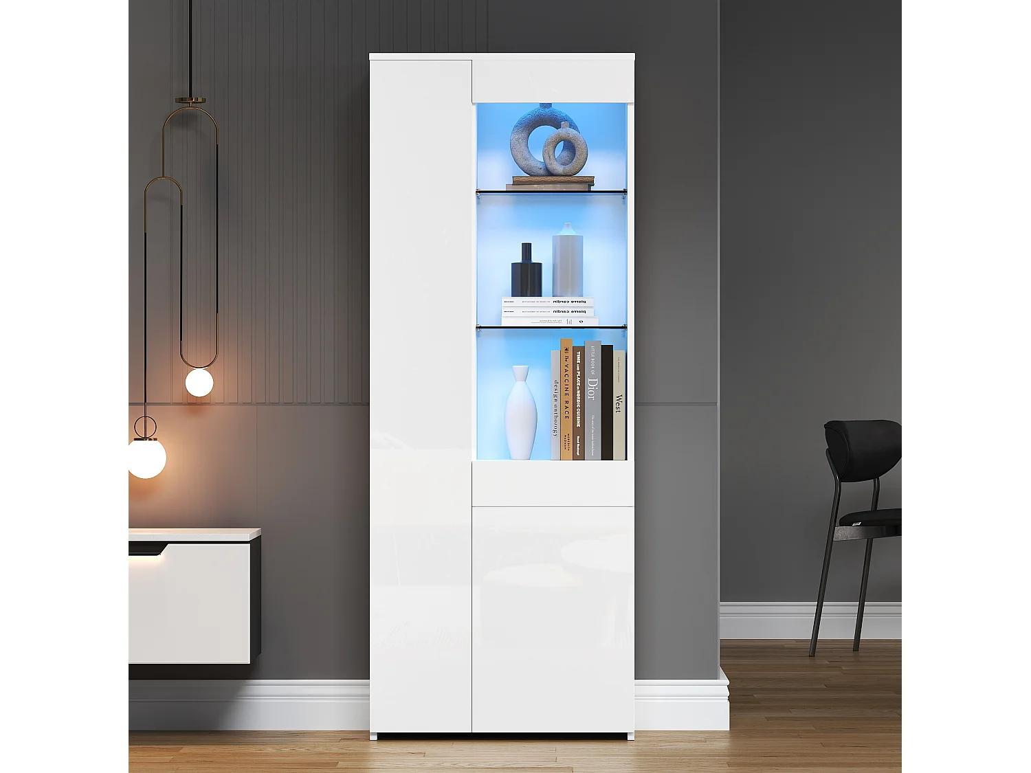 Vitrine blanc avec éclairage LED - Vitrine 2 portes et 1 tiroir - 3 espaces de rangement ouverts