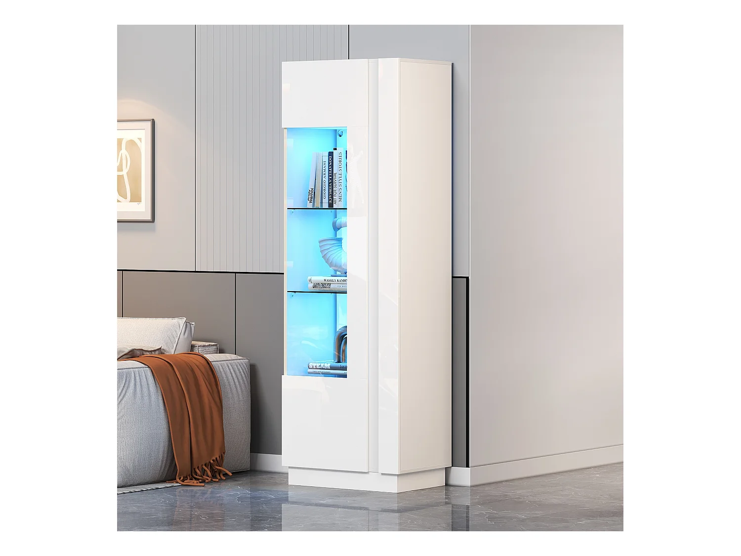 Vitrine haute blanc - Vitrine avec éclairage LED et 1 porte - étagères en verre