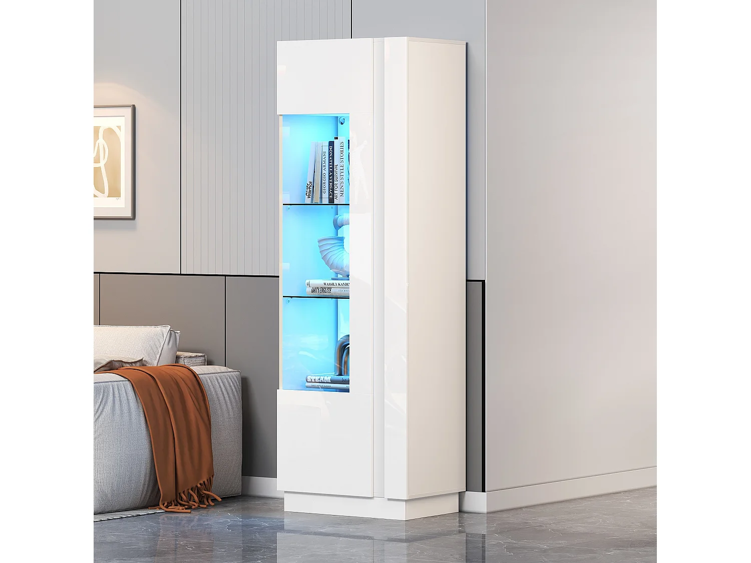 Vitrine haute blanc - Vitrine avec éclairage LED et 1 porte - étagères en verre