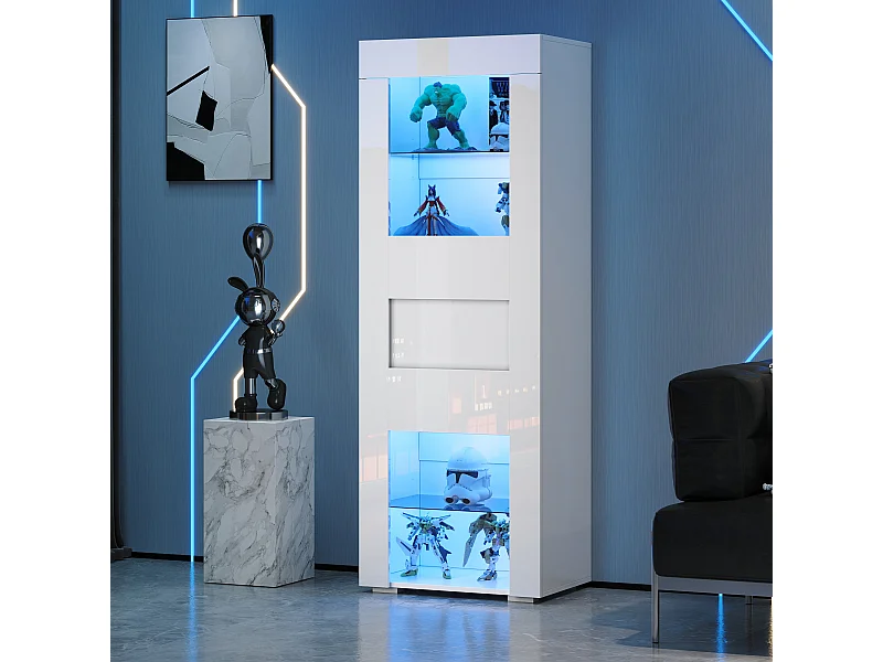 Vitrine blanche avec éclairage LED - Vitrine avec 1 porte et 2 étagères en verre - quatre compartiments de rangement