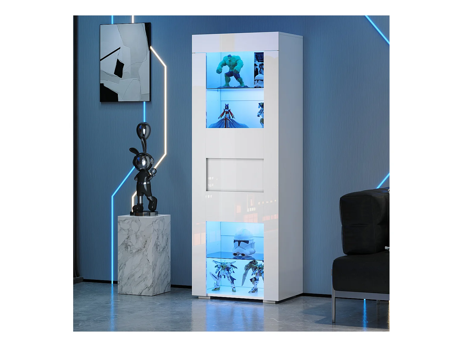 Vitrine blanche avec éclairage LED - Vitrine avec 1 porte et 2 étagères en verre - quatre compartiments de rangement