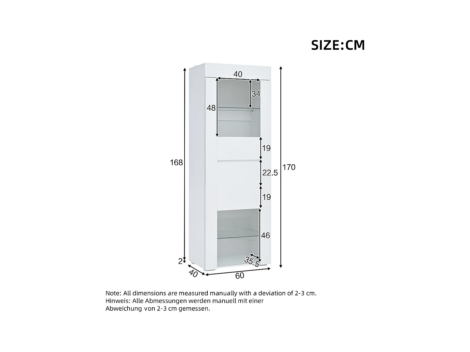 Vitrine blanche avec éclairage LED - Vitrine avec 1 porte et 2 étagères en verre - quatre compartiments de rangement