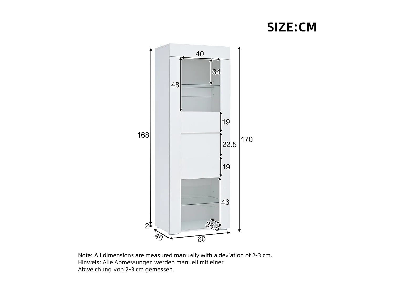 Vitrine blanche avec éclairage LED - Vitrine avec 1 porte et 2 étagères en verre - quatre compartiments de rangement