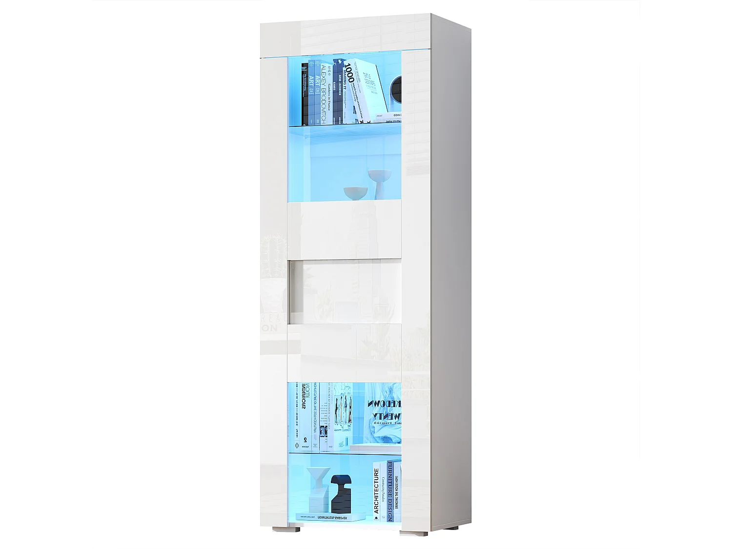 Vitrine blanche avec éclairage LED - Vitrine avec 1 porte et 2 étagères en verre - quatre compartiments de rangement