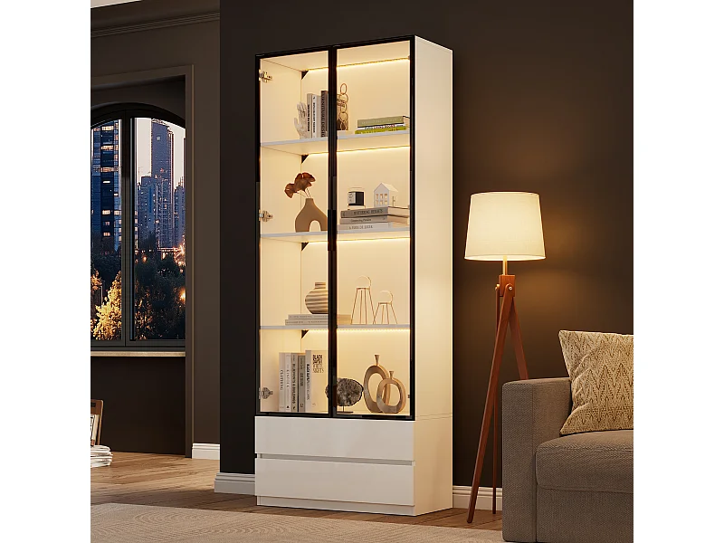 Vitrine blanc avec éclairage LED - Vitrine 2 portes vitrées et 2 tiroirs - 4 compartiments de rangement