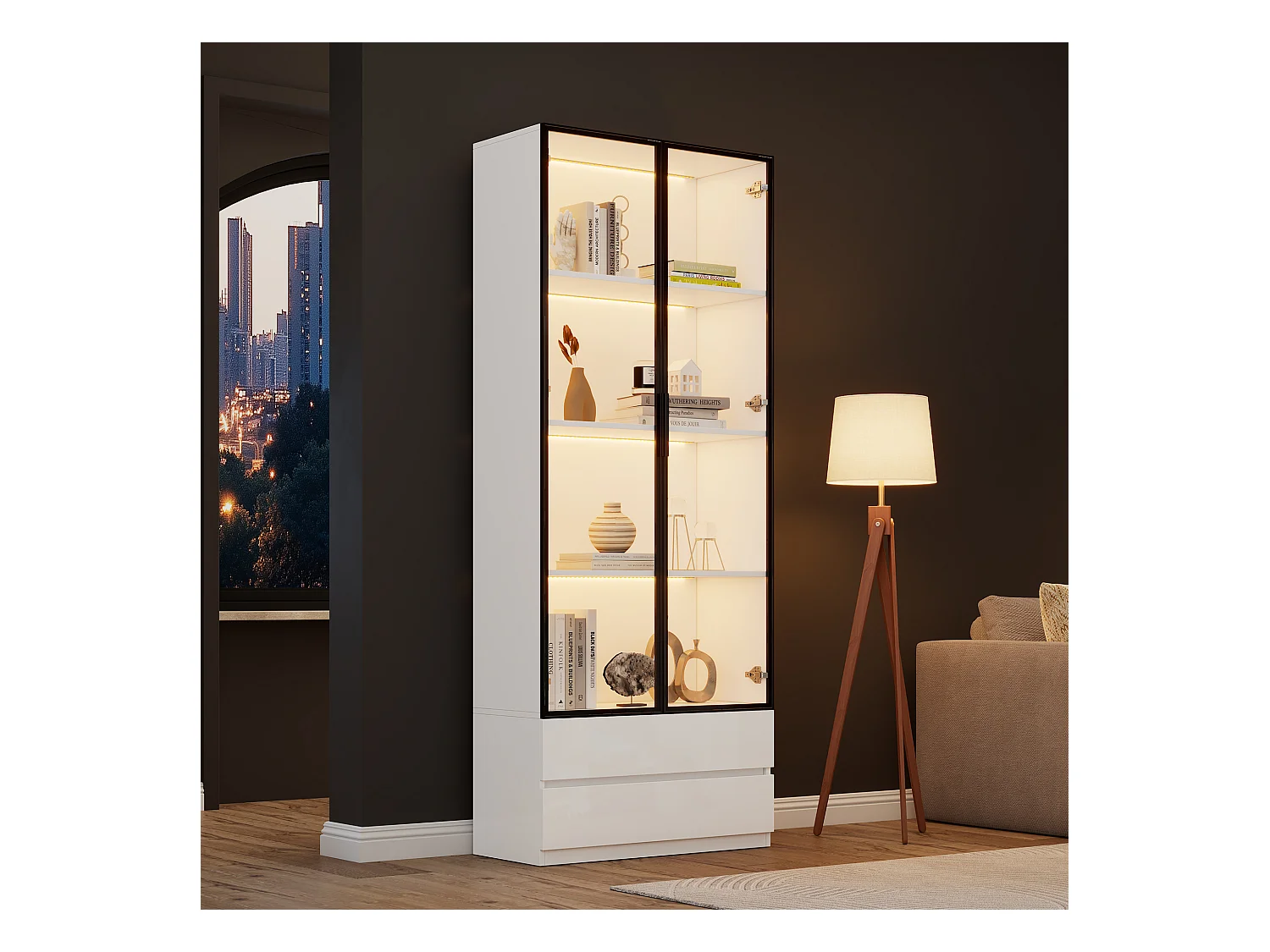 Vitrine branca com iluminação LED - Vitrine com 2 portas de vidro e 2 gavetas - 4 compartimentos de arrumação