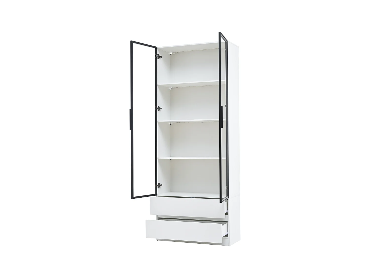 Vitrine branca com iluminação LED - Vitrine com 2 portas de vidro e 2 gavetas - 4 compartimentos de arrumação