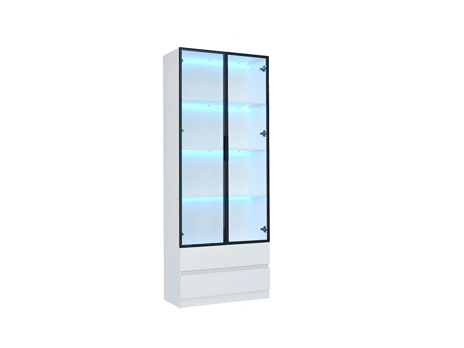 Vitrine branca com iluminação LED - Vitrine com 2 portas de vidro e 2 gavetas - 4 compartimentos de arrumação
