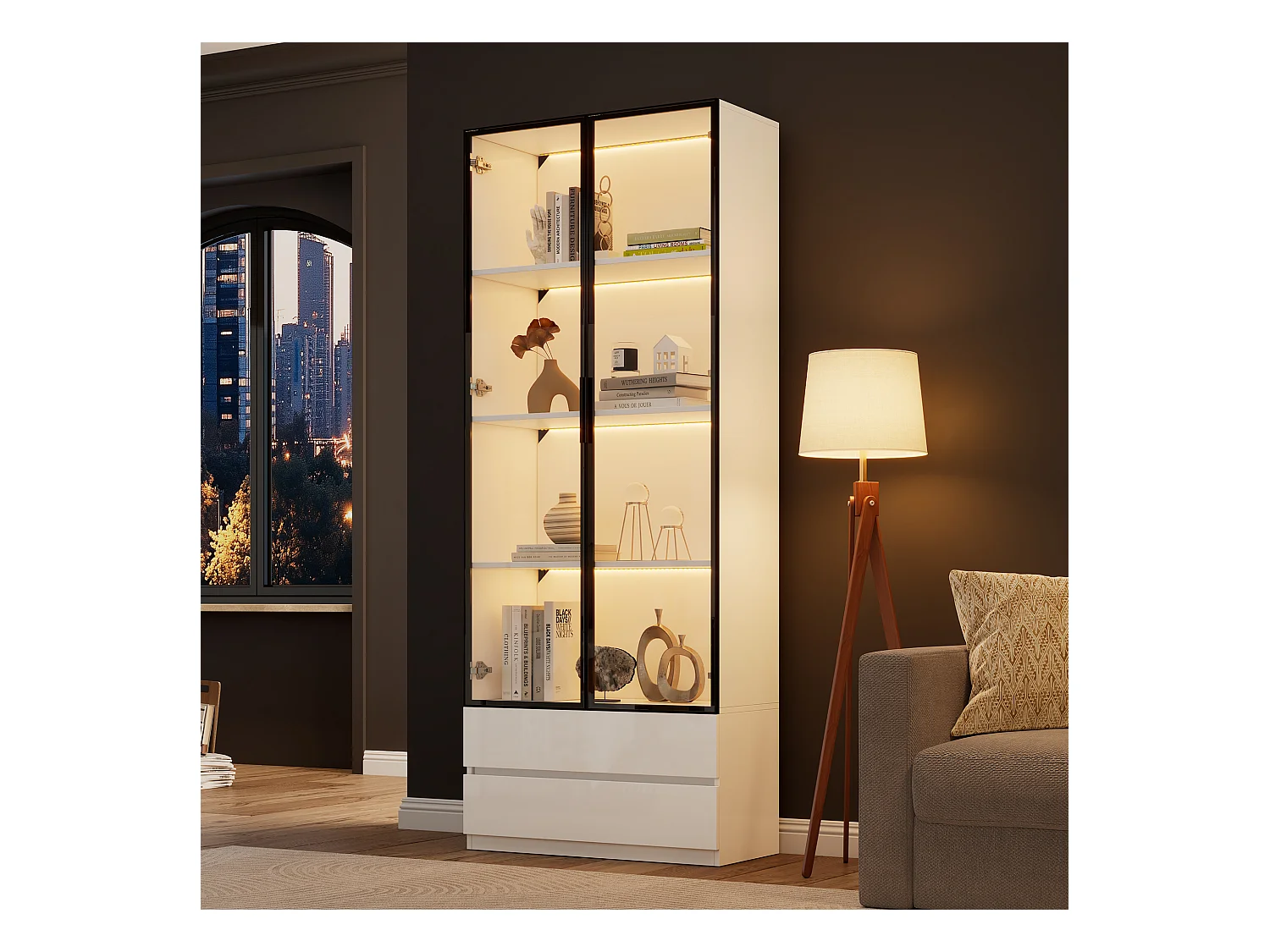 Vitrine blanc avec éclairage LED - Vitrine 2 portes vitrées et 2 tiroirs - 4 compartiments de rangement