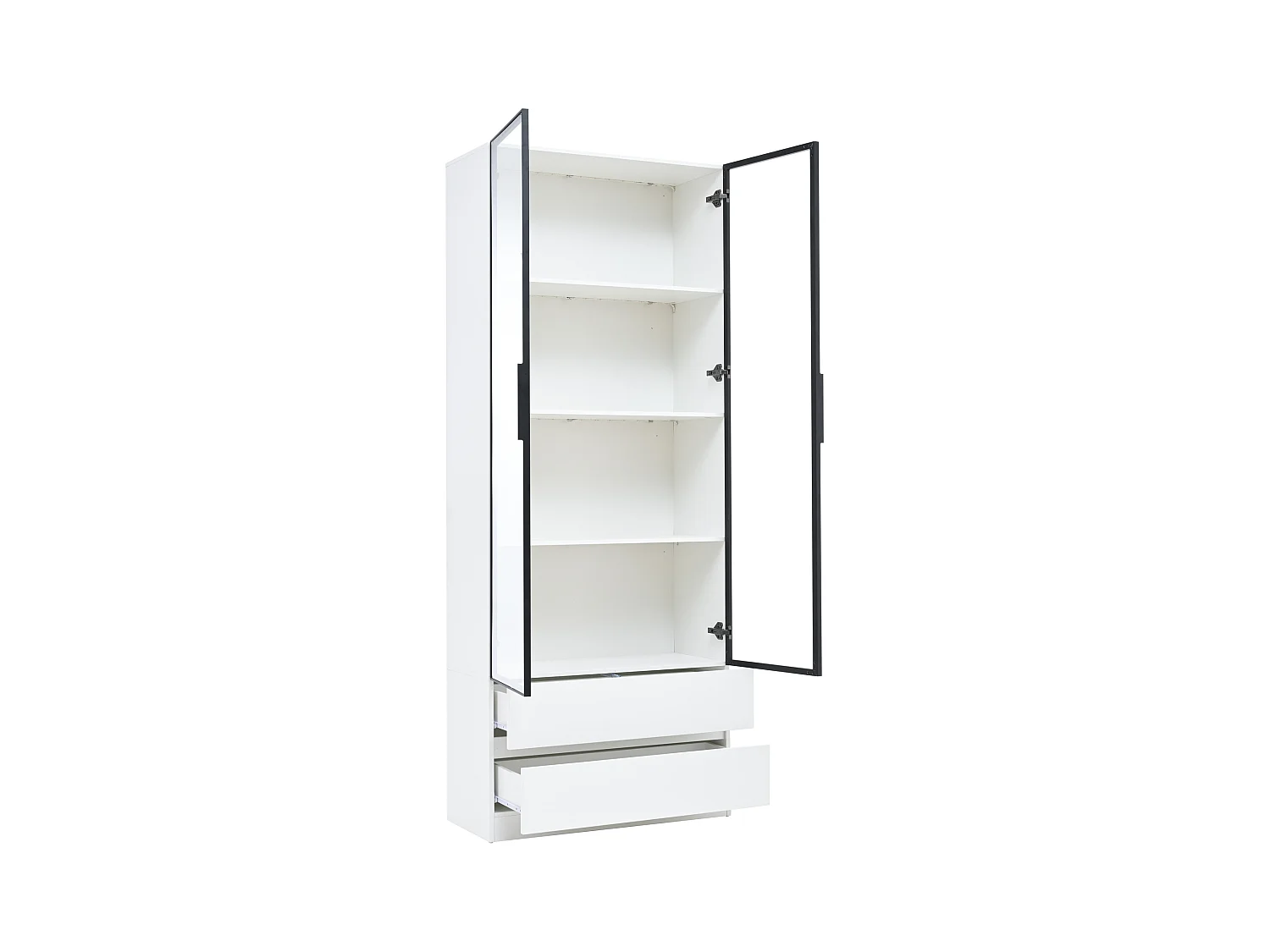 Biała witryna z oświetleniem LED - Witryna z 2 szklanymi drzwiami i 2 szufladami - 4 przegródki do przechowywania