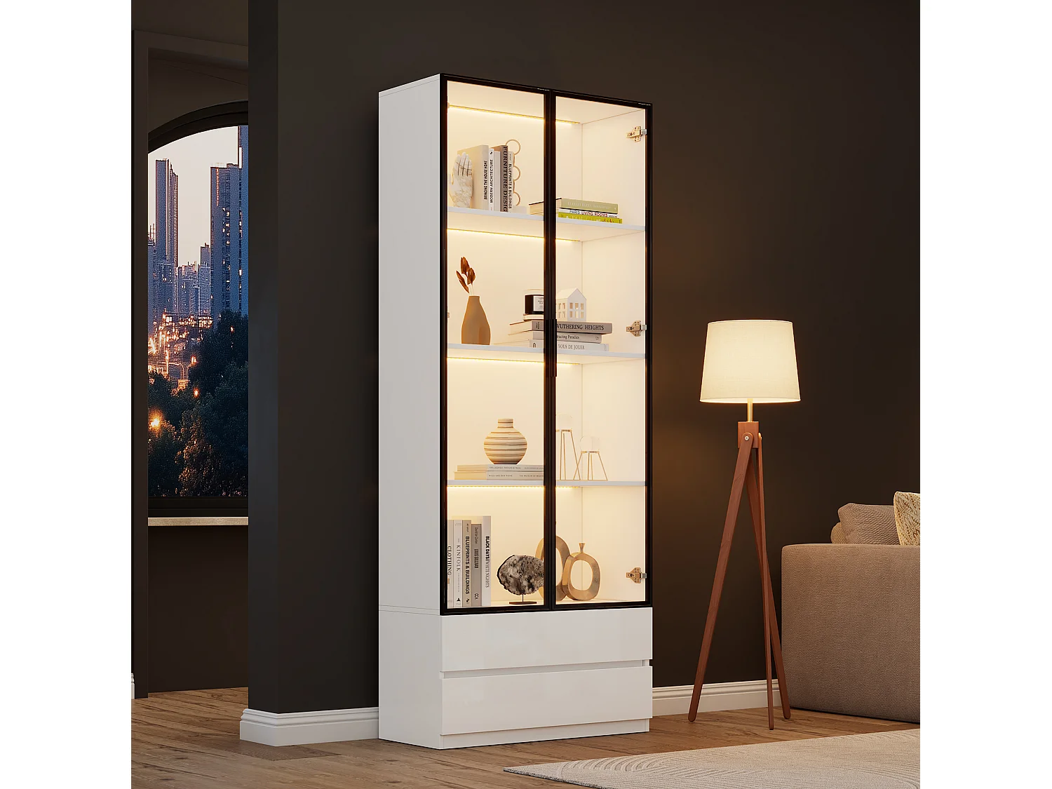 Weiße Vitrine mit LED-Beleuchtung - Vitrine mit 2 Glastüren und 2 Schubladen - 4 Ablagefächer