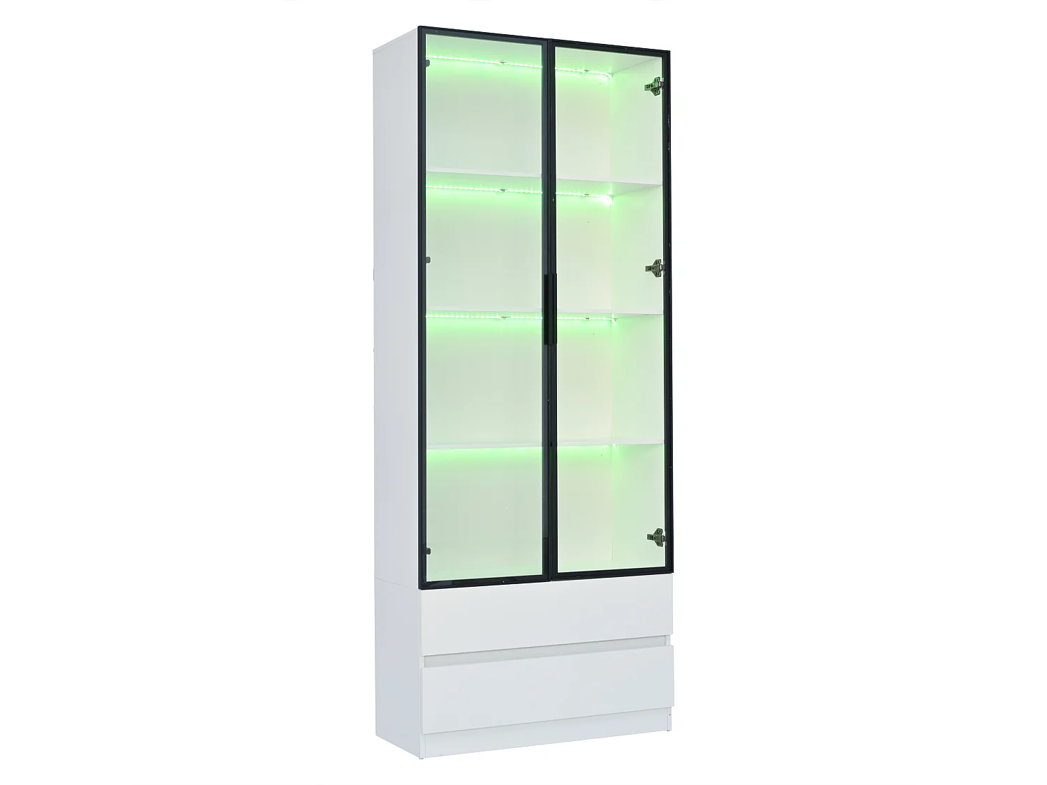 Weiße Vitrine mit LED-Beleuchtung - Vitrine mit 2 Glastüren und 2 Schubladen - 4 Ablagefächer