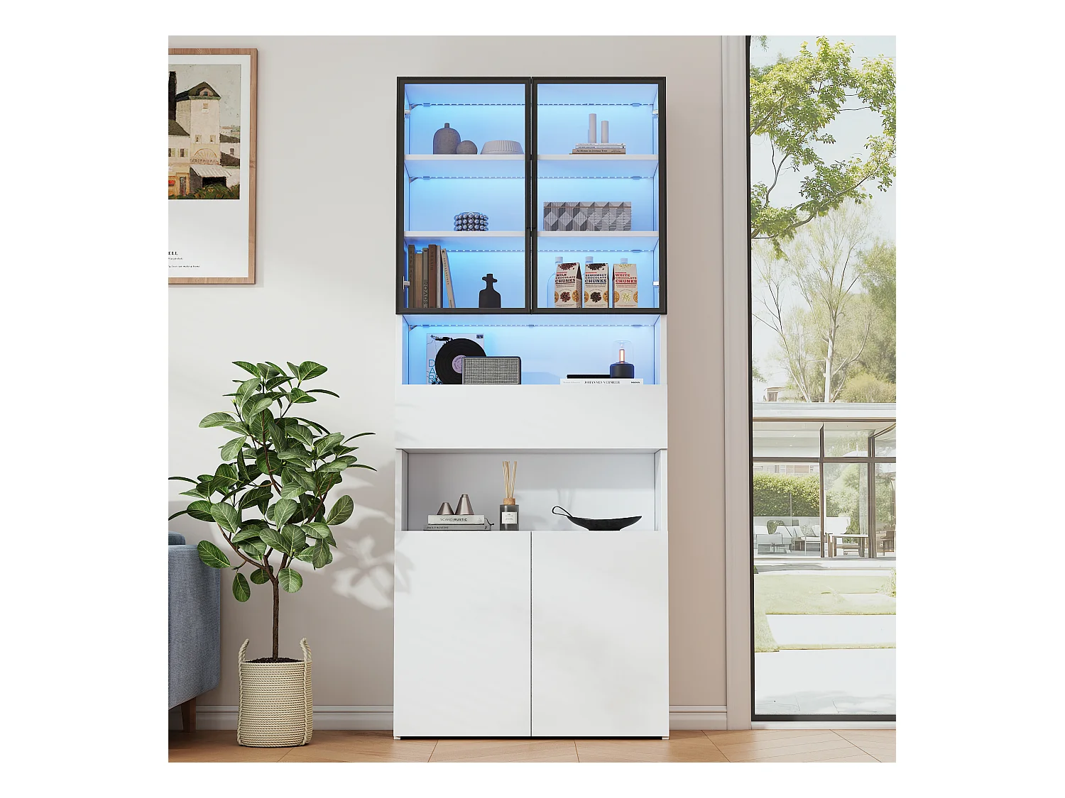 Vitrine branca com iluminação LED - Vitrine com 2 portas de vidro e 2 portas de madeira - 1 gaveta e espaço de arrumação aberto