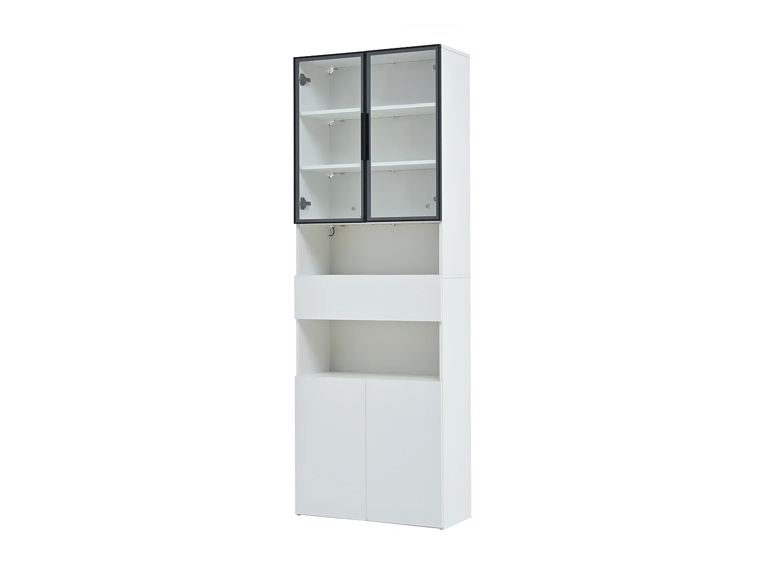 Vitrine branca com iluminação LED - Vitrine com 2 portas de vidro e 2 portas de madeira - 1 gaveta e espaço de arrumação aberto
