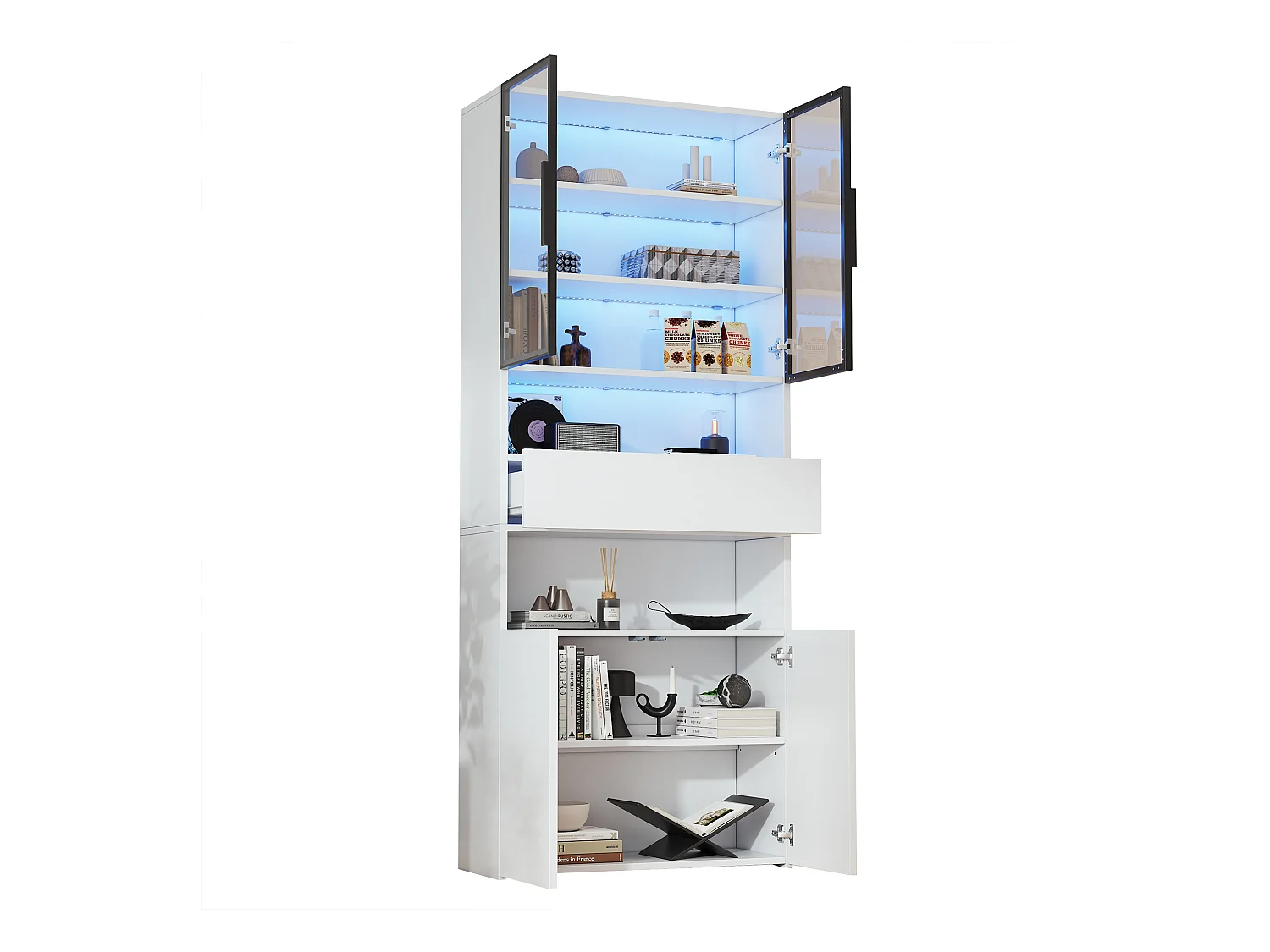 Vitrine branca com iluminação LED - Vitrine com 2 portas de vidro e 2 portas de madeira - 1 gaveta e espaço de arrumação aberto