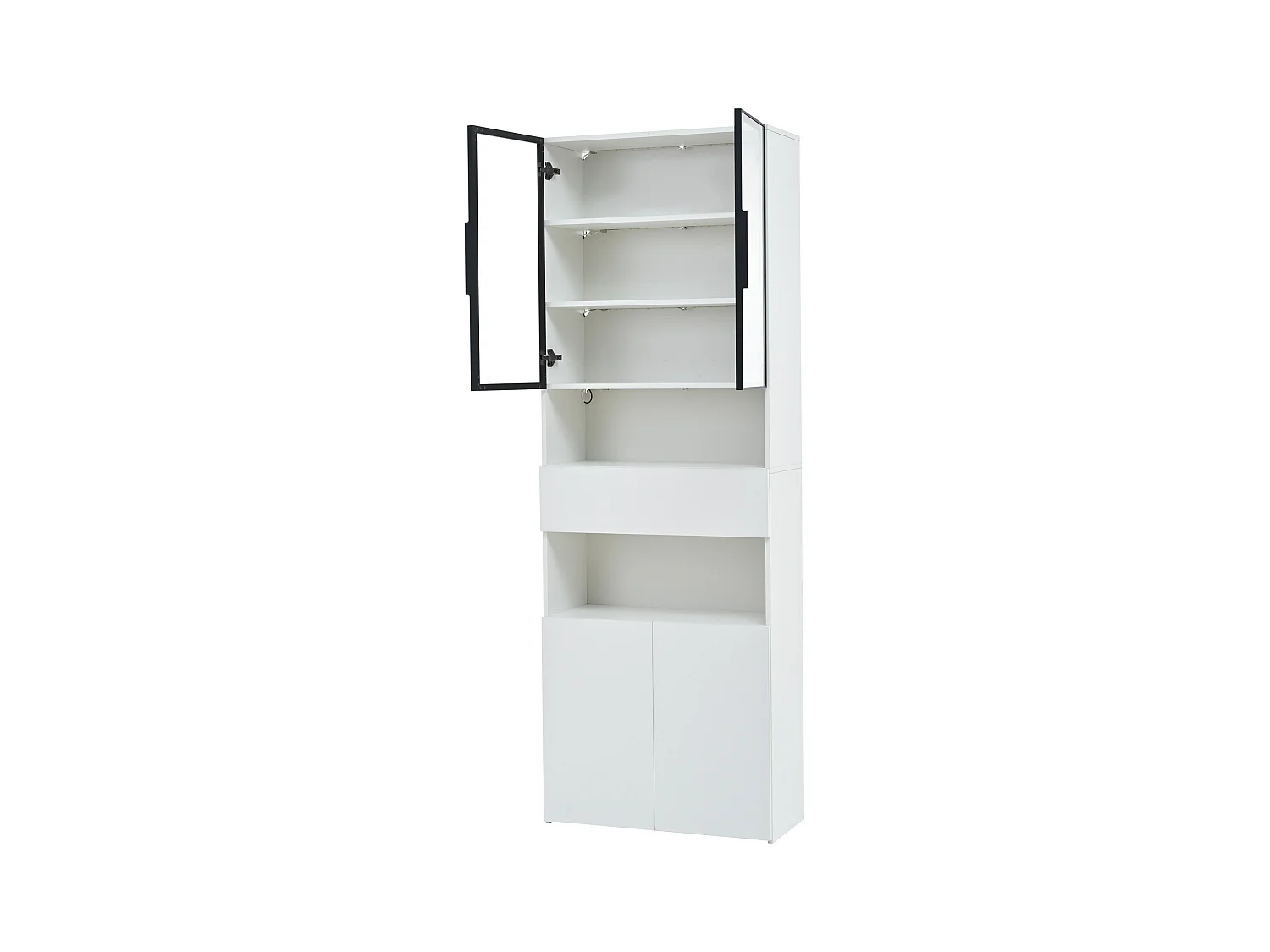 Vitrine branca com iluminação LED - Vitrine com 2 portas de vidro e 2 portas de madeira - 1 gaveta e espaço de arrumação aberto