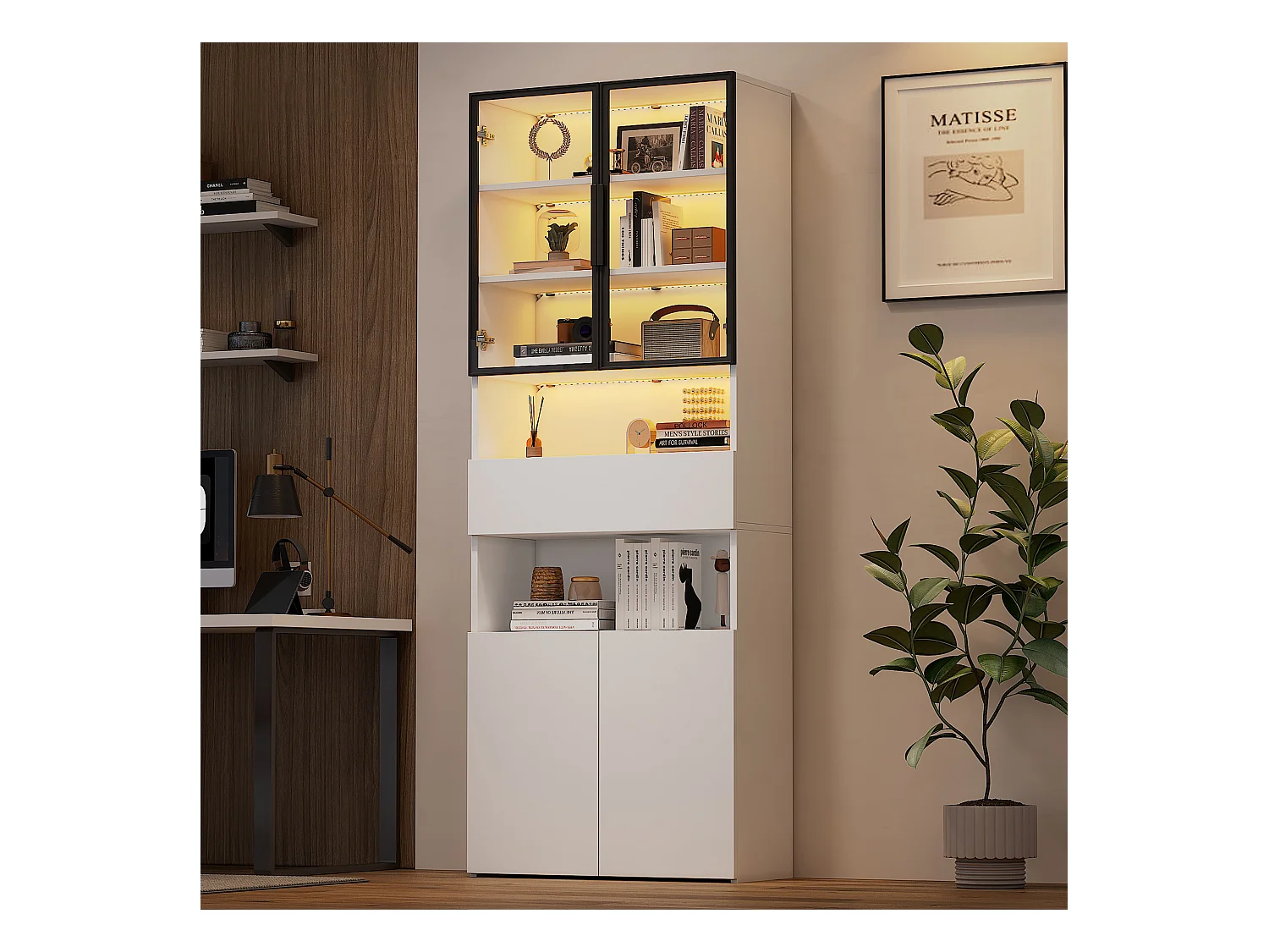 Vitrine blanc avec éclairage LED - Vitrine avec 2 portes vitrées et 2 portes en bois - 1 tiroir et rangement ouvert