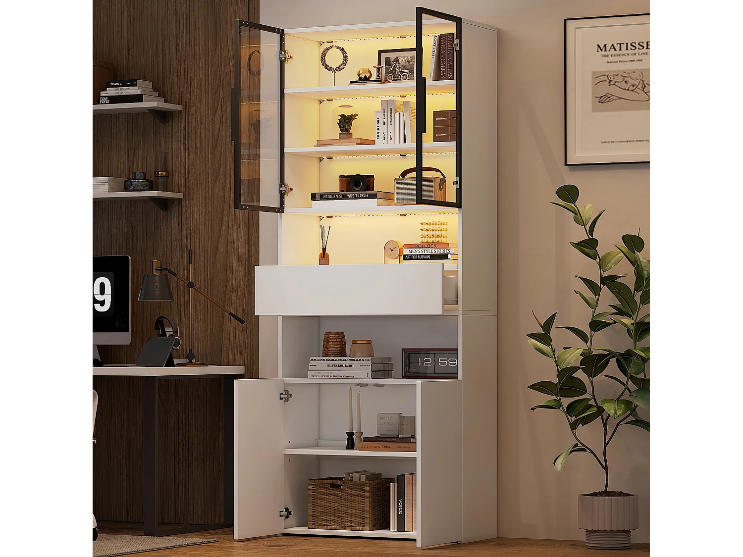 Biała witryna z oświetleniem LED - Witryna z 2 szklanymi i 2 drewnianymi drzwiami - 1 szuflada i otwarta przestrzeń do przechowywania