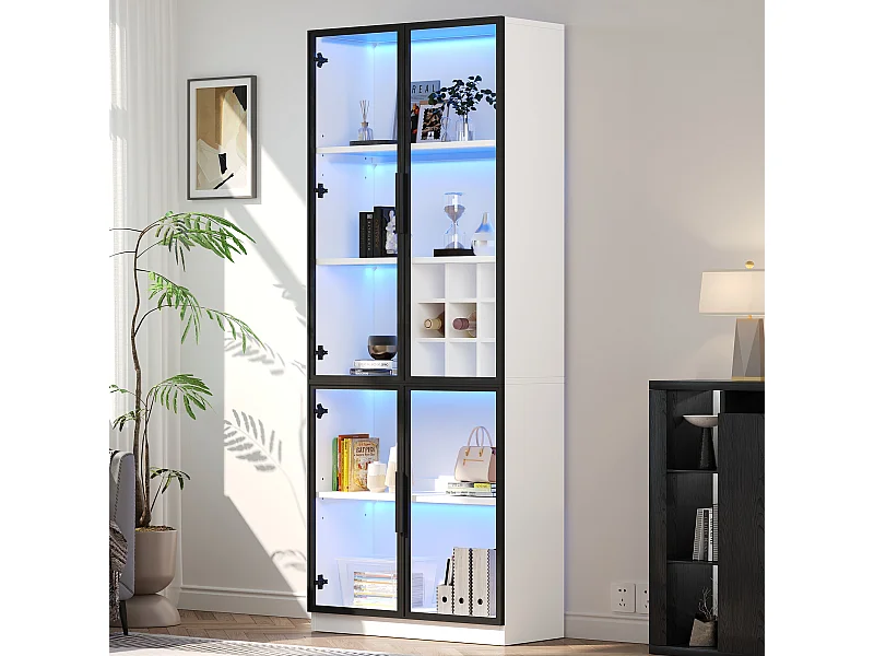 Vitrine branca com iluminação LED - Vitrine com suporte para garrafas e portas de vidro - cinco compartimentos de arrumação