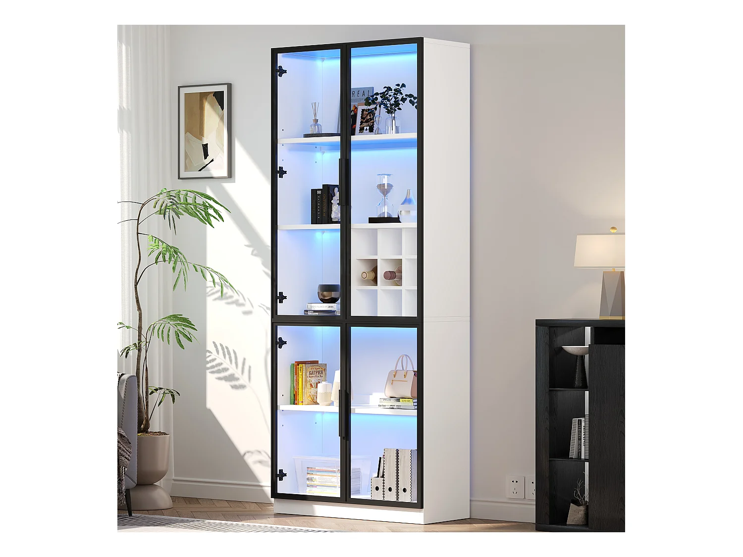 Vitrine branca com iluminação LED - Vitrine com suporte para garrafas e portas de vidro - cinco compartimentos de arrumação