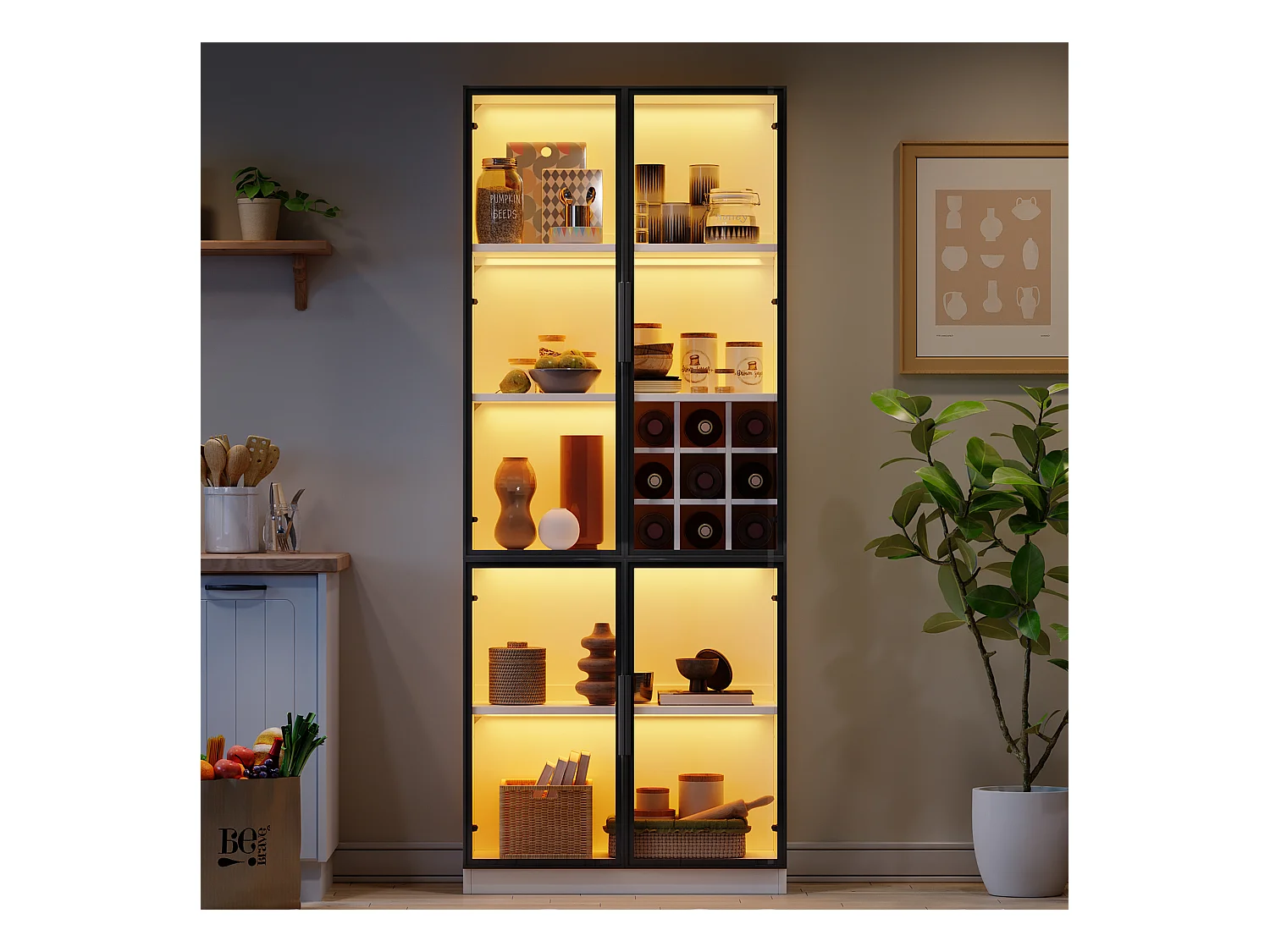 Vitrine branca com iluminação LED - Vitrine com suporte para garrafas e portas de vidro - cinco compartimentos de arrumação