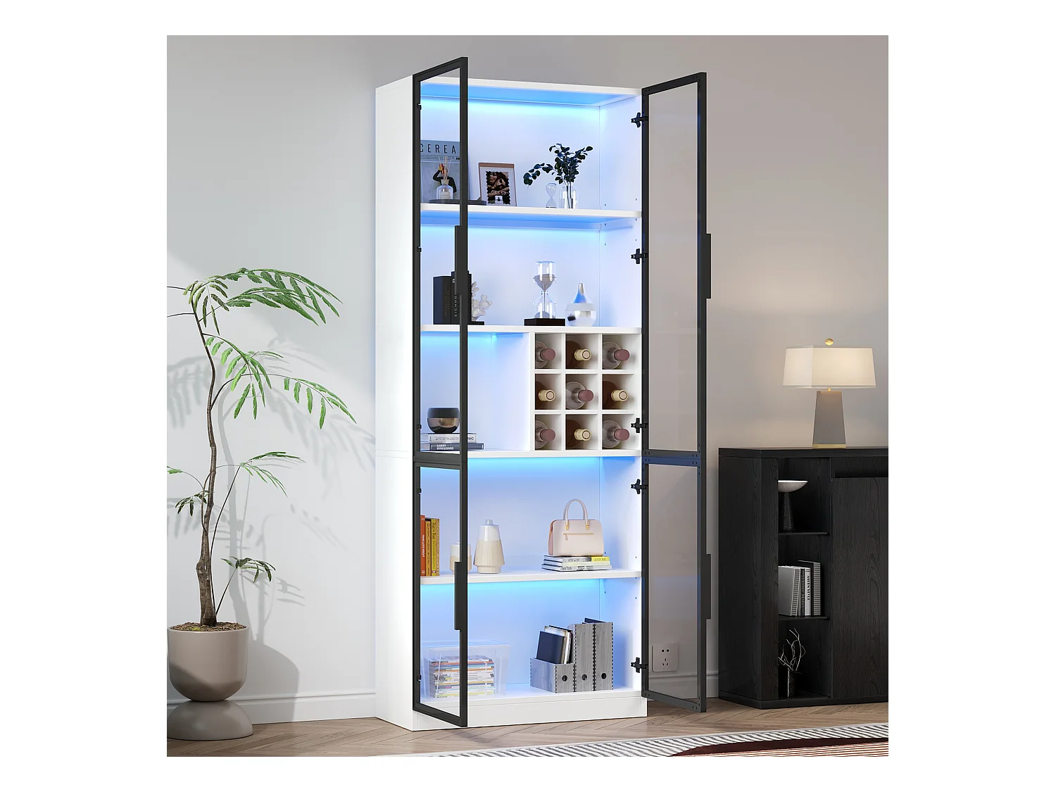 Vitrine branca com iluminação LED - Vitrine com suporte para garrafas e portas de vidro - cinco compartimentos de arrumação