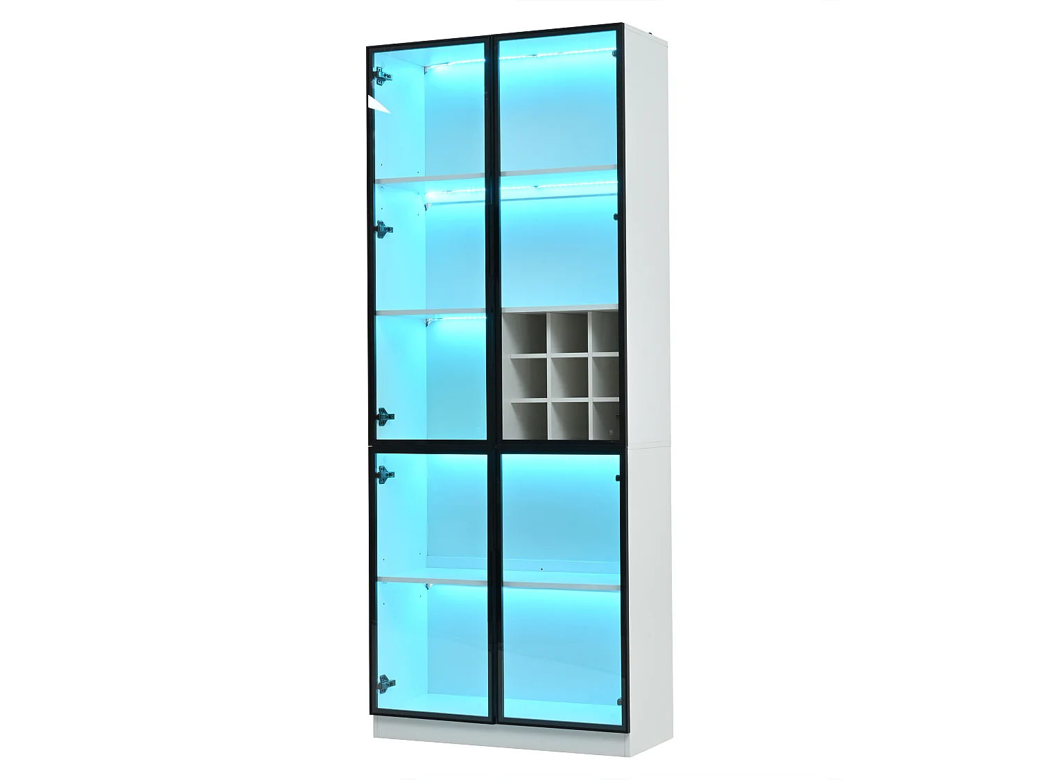 Vitrine branca com iluminação LED - Vitrine com suporte para garrafas e portas de vidro - cinco compartimentos de arrumação
