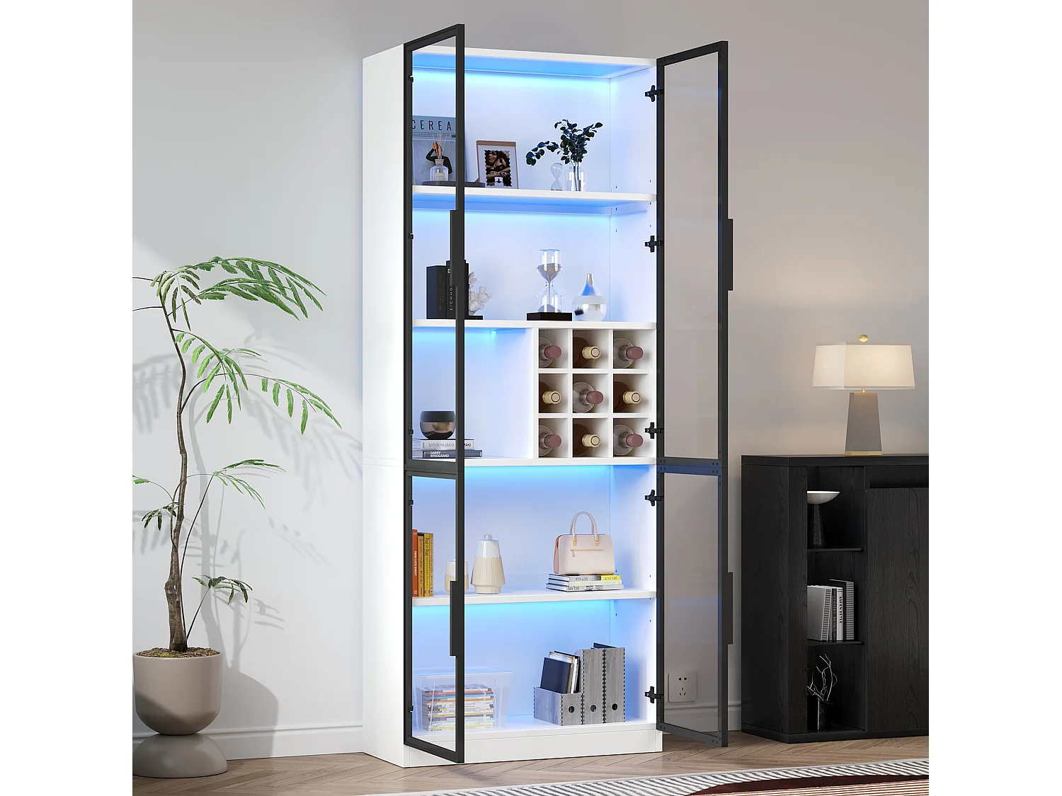Vitrine branca com iluminação LED - Vitrine com suporte para garrafas e portas de vidro - cinco compartimentos de arrumação