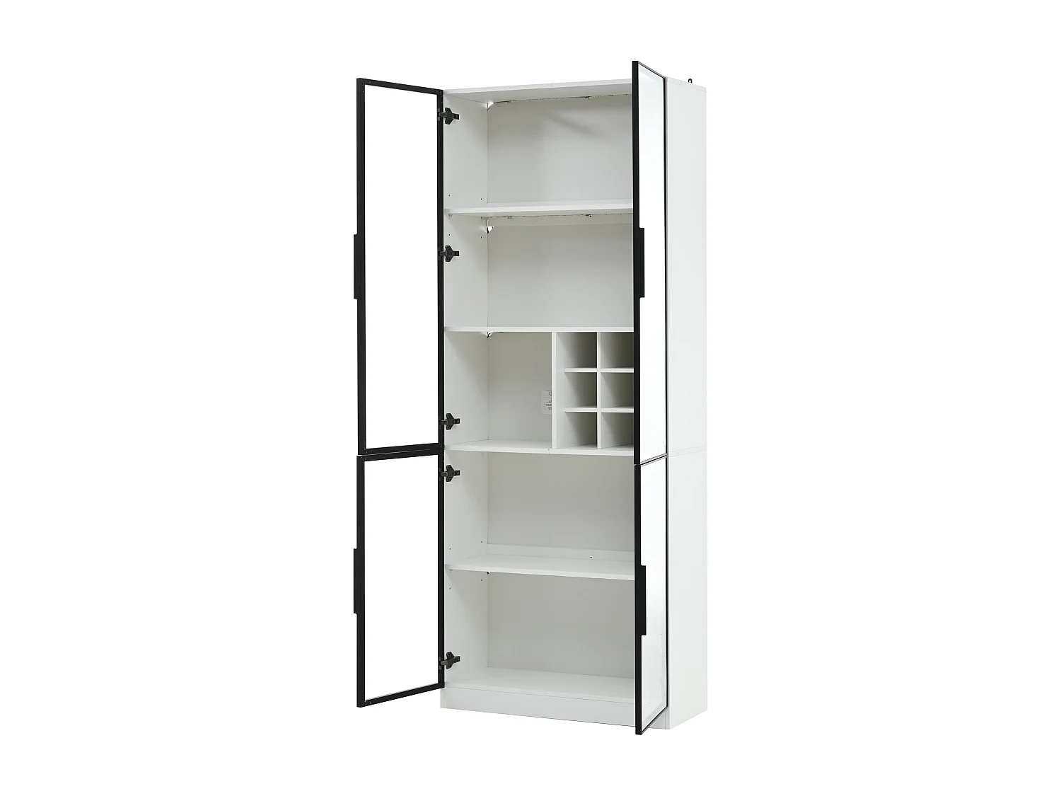 Vitrine branca com iluminação LED - Vitrine com suporte para garrafas e portas de vidro - cinco compartimentos de arrumação