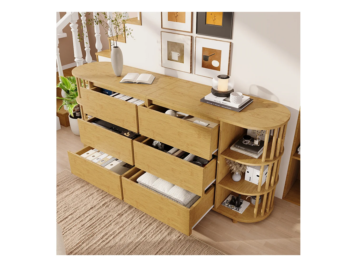 Commode en bois à 6 tiroirs - Commode avec 6 espaces de rangement ouverts et colonnes - deux pieds centraux réglables en hauteur