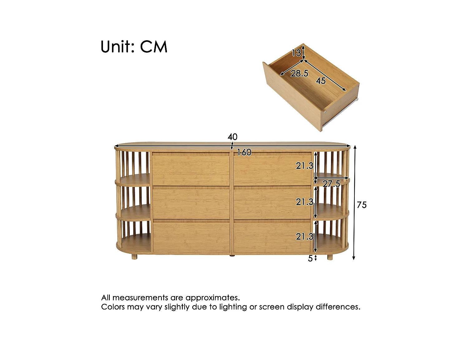 Commode en bois à 6 tiroirs - Commode avec 6 espaces de rangement ouverts et colonnes - deux pieds centraux réglables en hauteur
