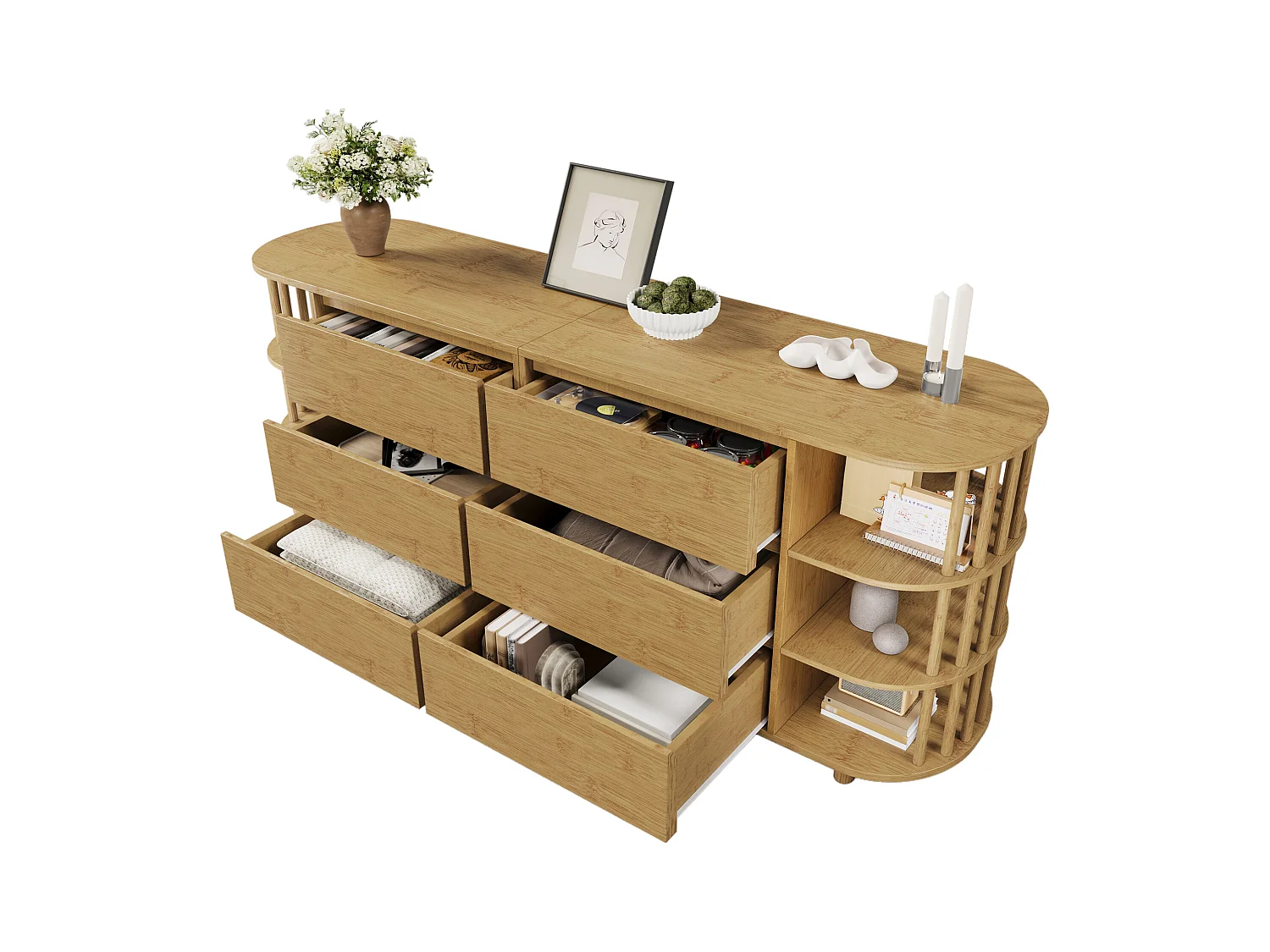 Commode en bois à 6 tiroirs - Commode avec 6 espaces de rangement ouverts et colonnes - deux pieds centraux réglables en hauteur