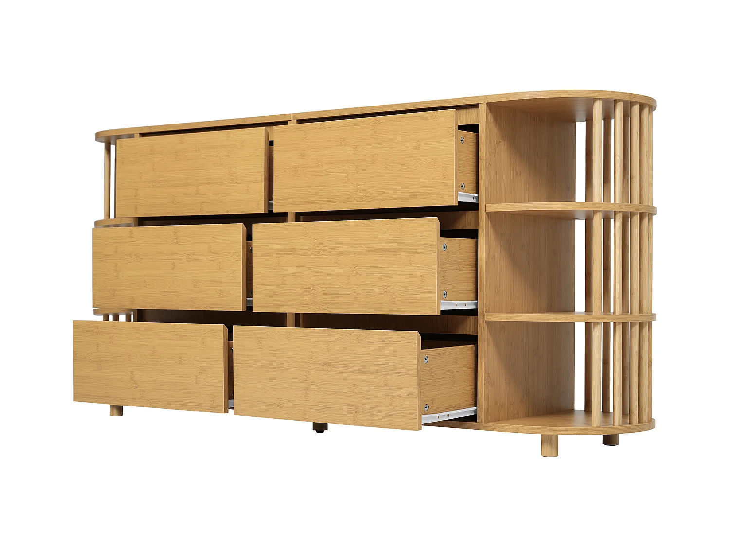 Commode en bois à 6 tiroirs - Commode avec 6 espaces de rangement ouverts et colonnes - deux pieds centraux réglables en hauteur