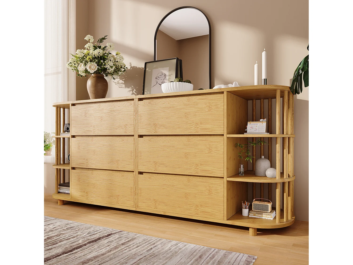 Commode en bois à 6 tiroirs - Commode avec 6 espaces de rangement ouverts et colonnes - deux pieds centraux réglables en hauteur