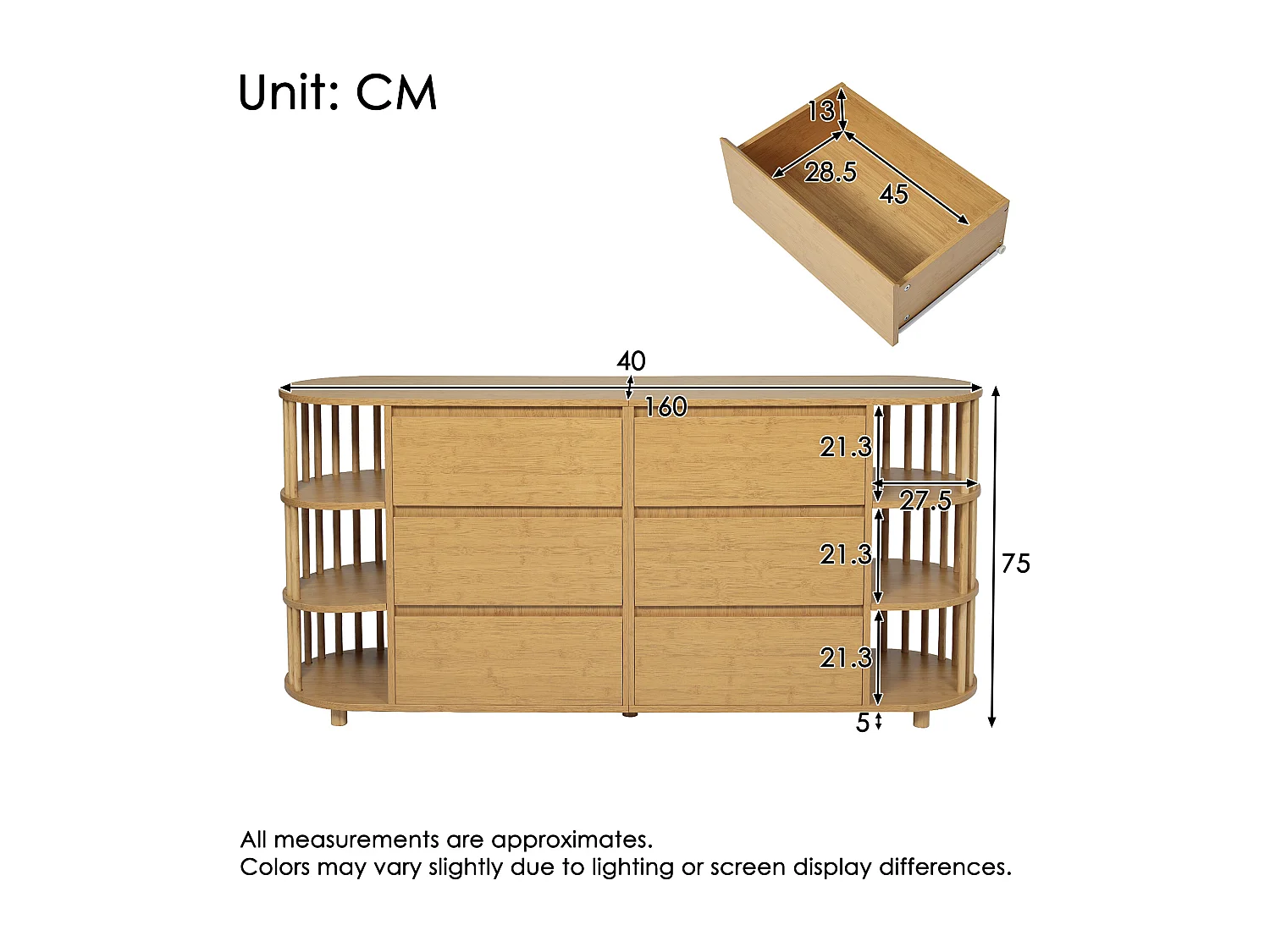 Commode en bois à 6 tiroirs - Commode avec 6 espaces de rangement ouverts et colonnes - deux pieds centraux réglables en hauteur